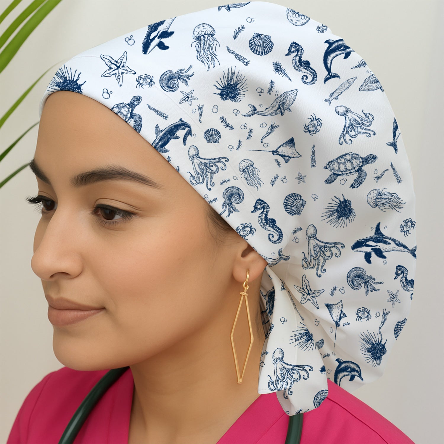 Marine Sea Life Pattern Cap, Bouffant Scrub Caps for Women