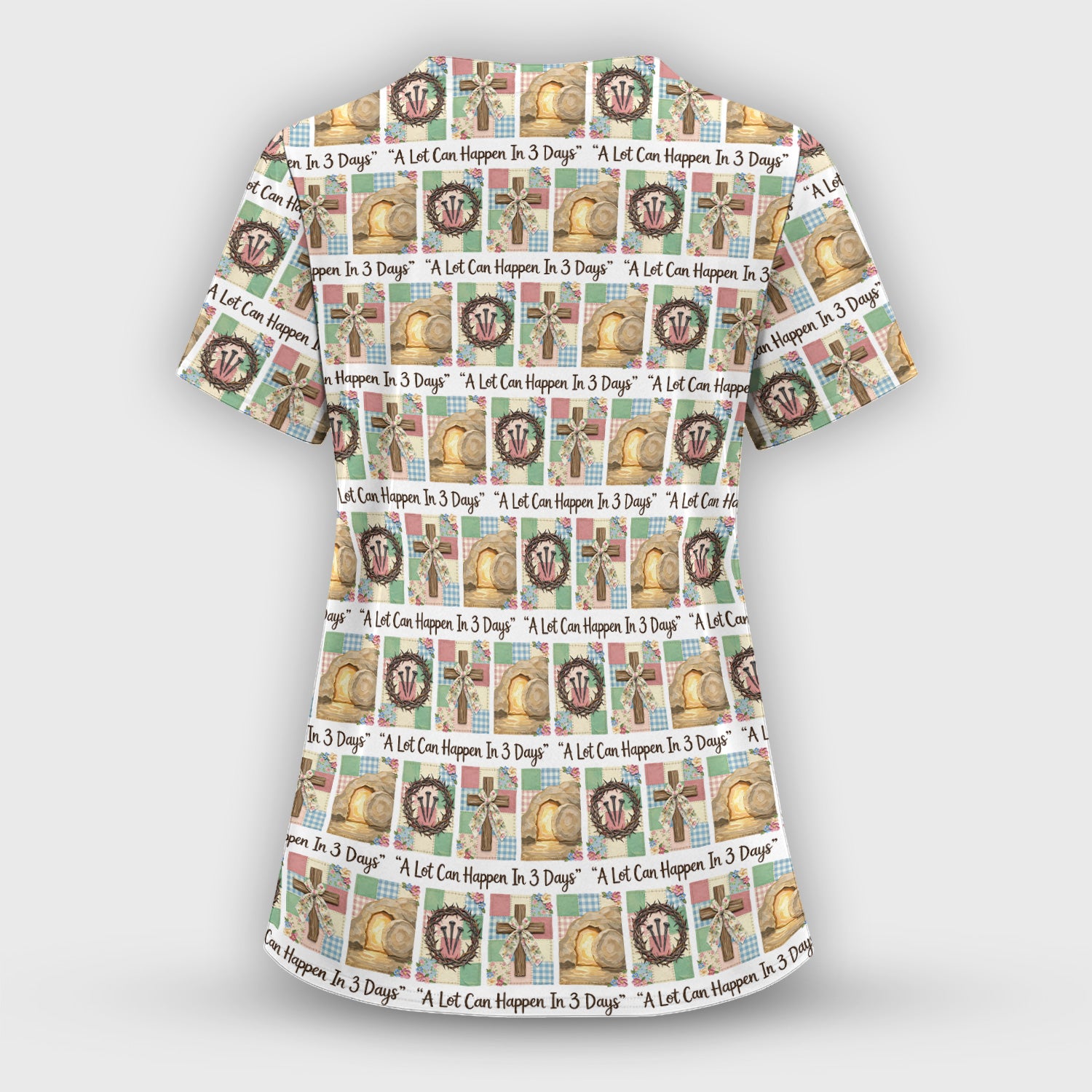 Christian Easter Cross Print Scrub Top, Breathable Fabrics Nursing Uniform