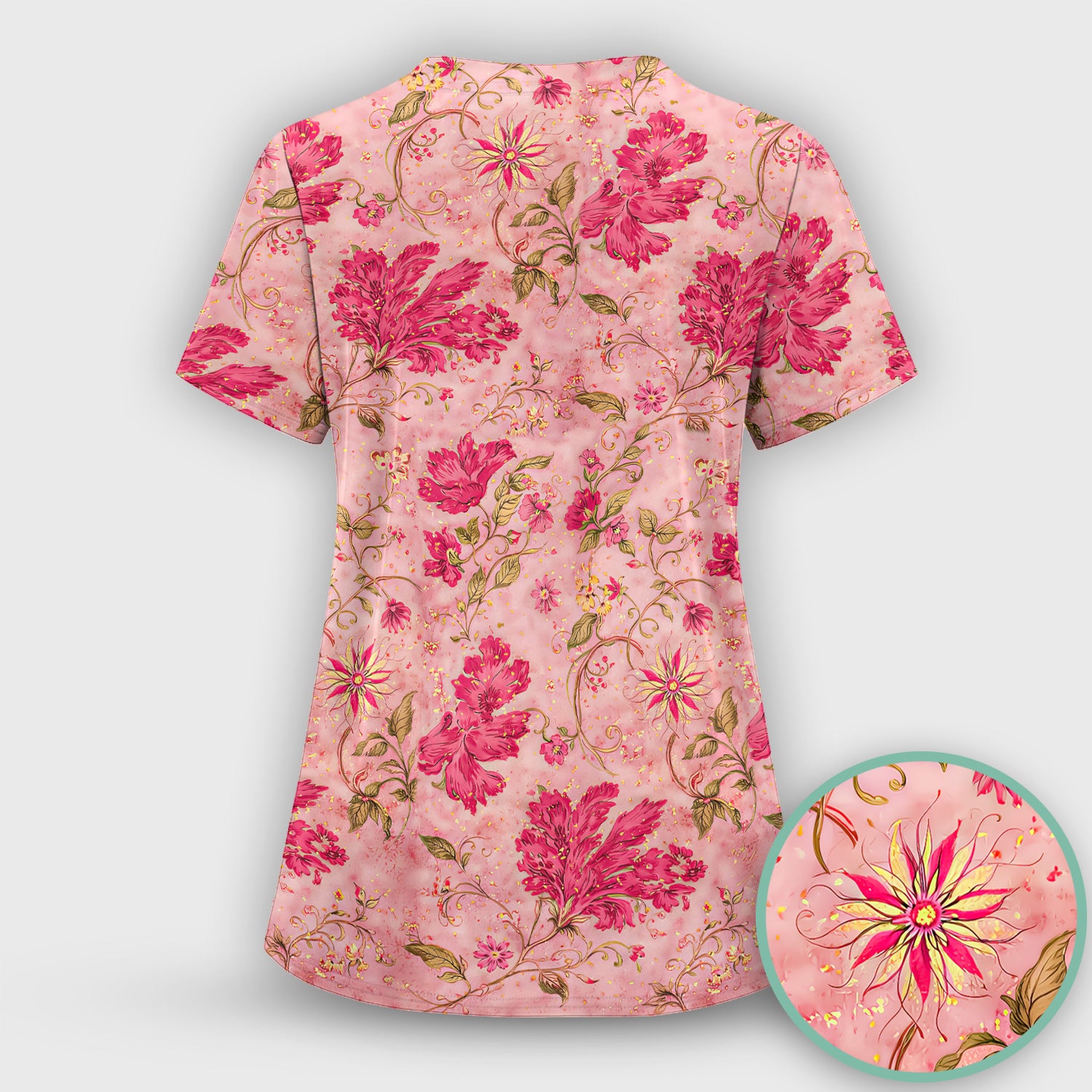 Elegant Pink Floral Vine Pattern Scrub Set, Women's Scrub Sets
