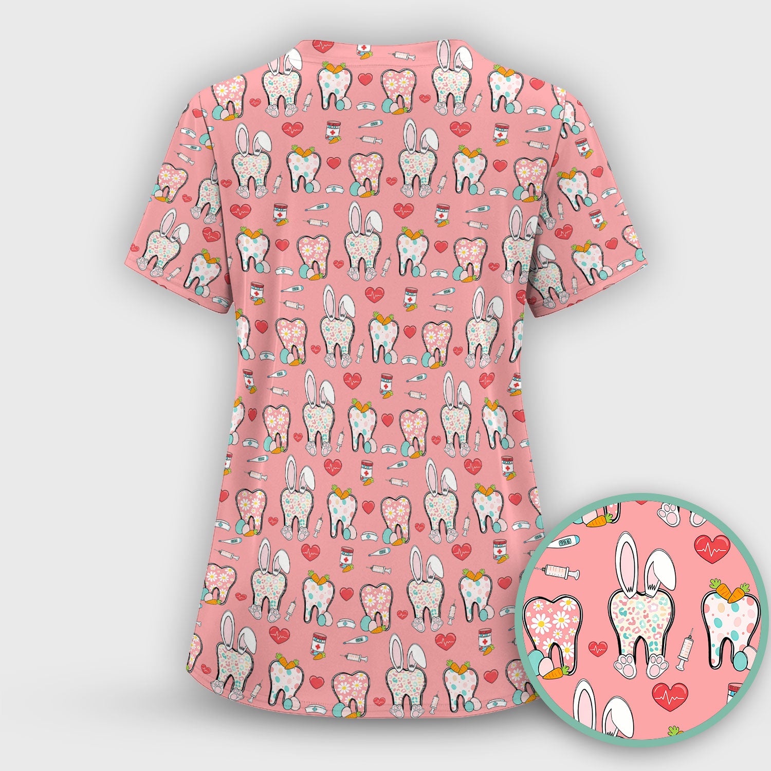 Playful Bunny Dentist Illustration Medical Scrub Top, Comfortable Scrubs for Nurses, Easter