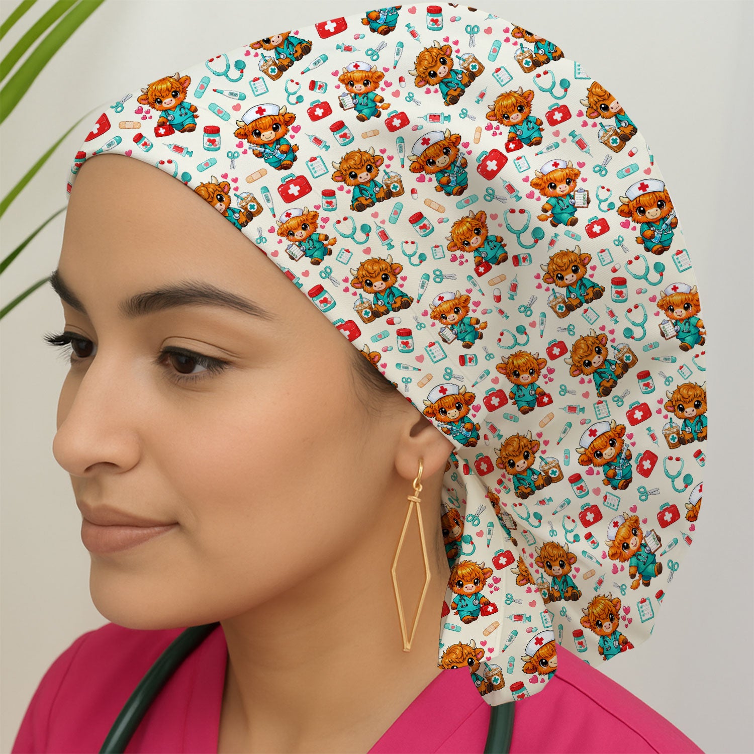 Cute Highland Cow Nurse Scrub Cap, Kawaii Medical Pattern Hat, Breathable Fabrics Nursing Uniform