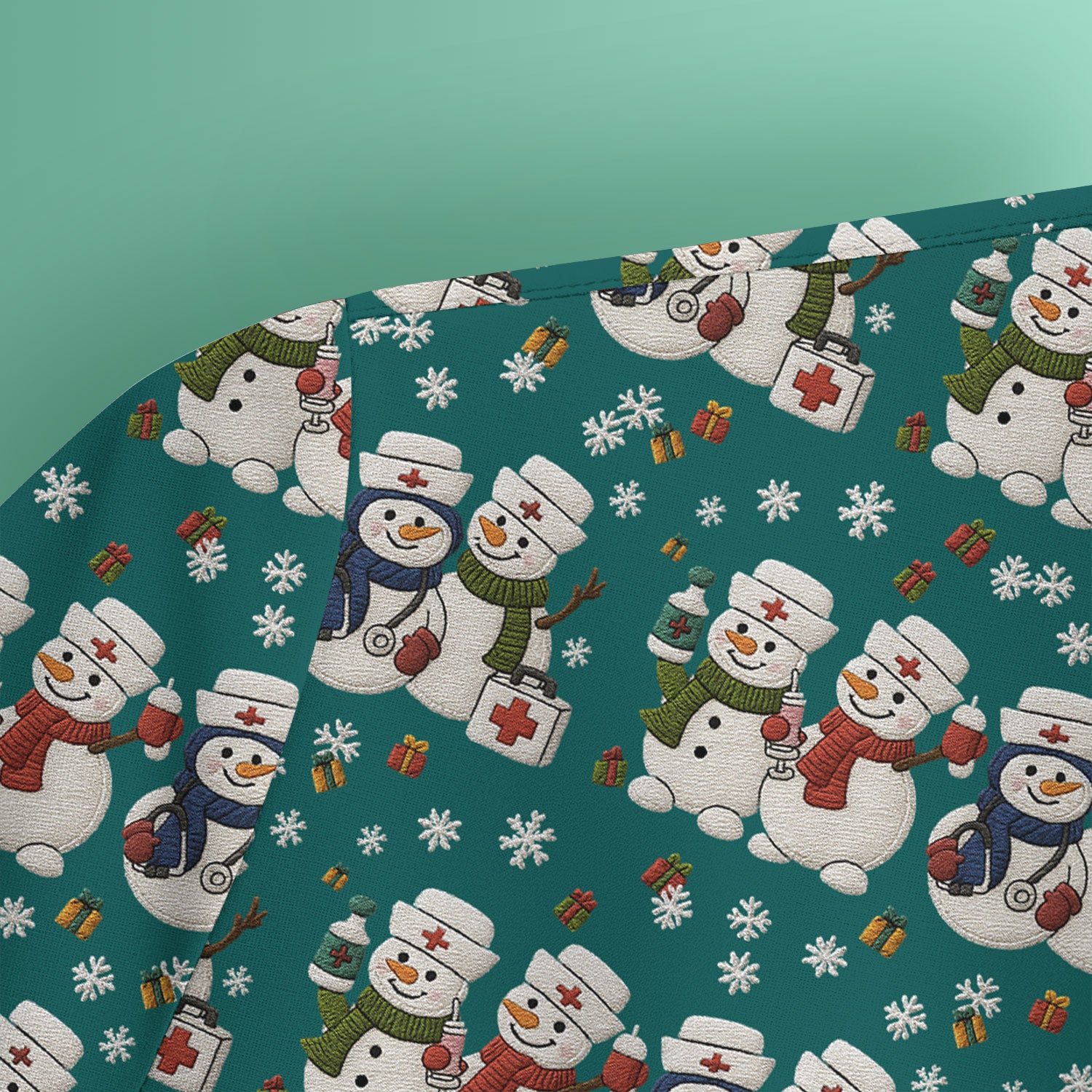 Cute Christmas Snowman Nurse Pattern Scrub Top, Breathable Fabrics Nursing Uniform