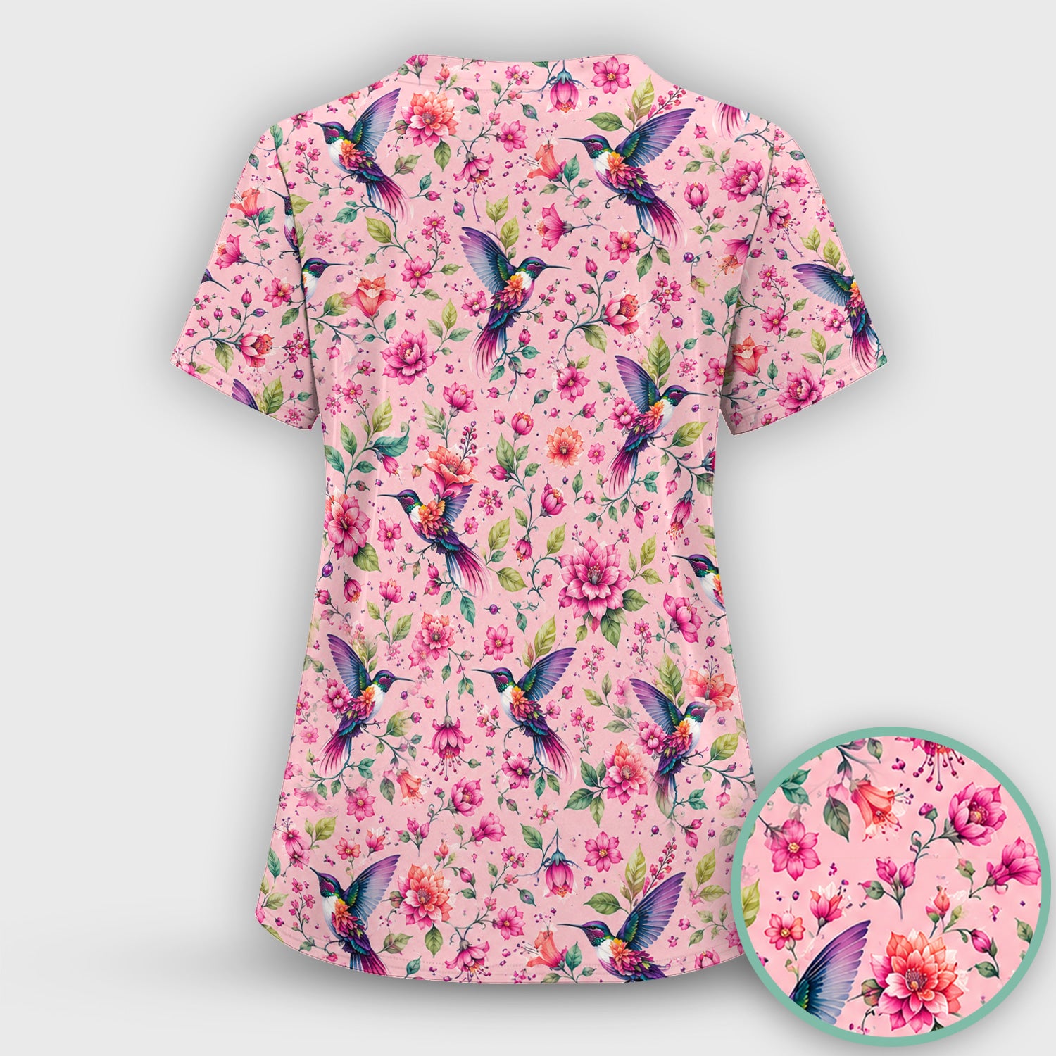 Pink Hummingbird Floral Garden Pattern Scrub Top, Comfortable Scrubs for Nurses