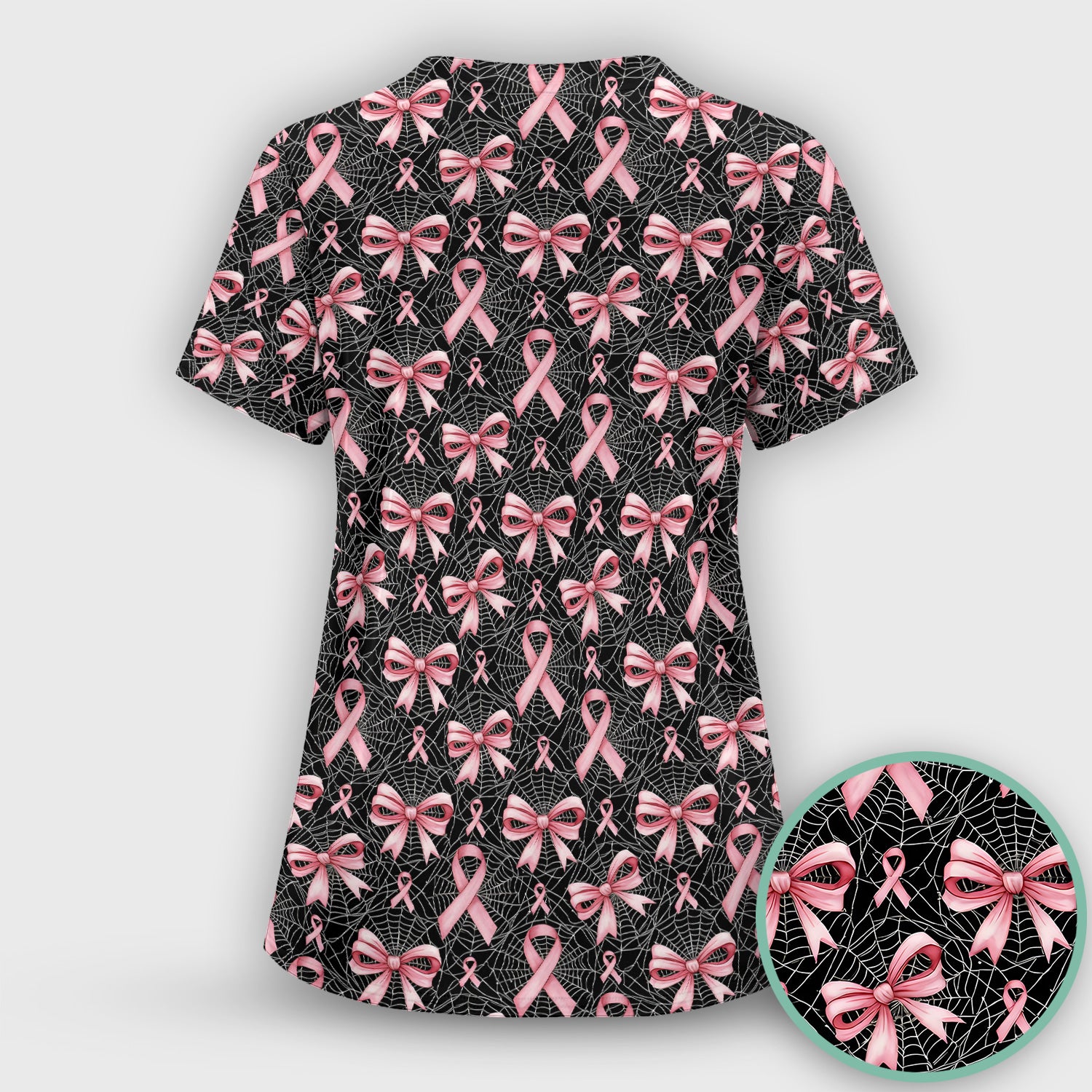 Pink Ribbon Pattern Scrub Set, Scrub Pants and V Neck Top