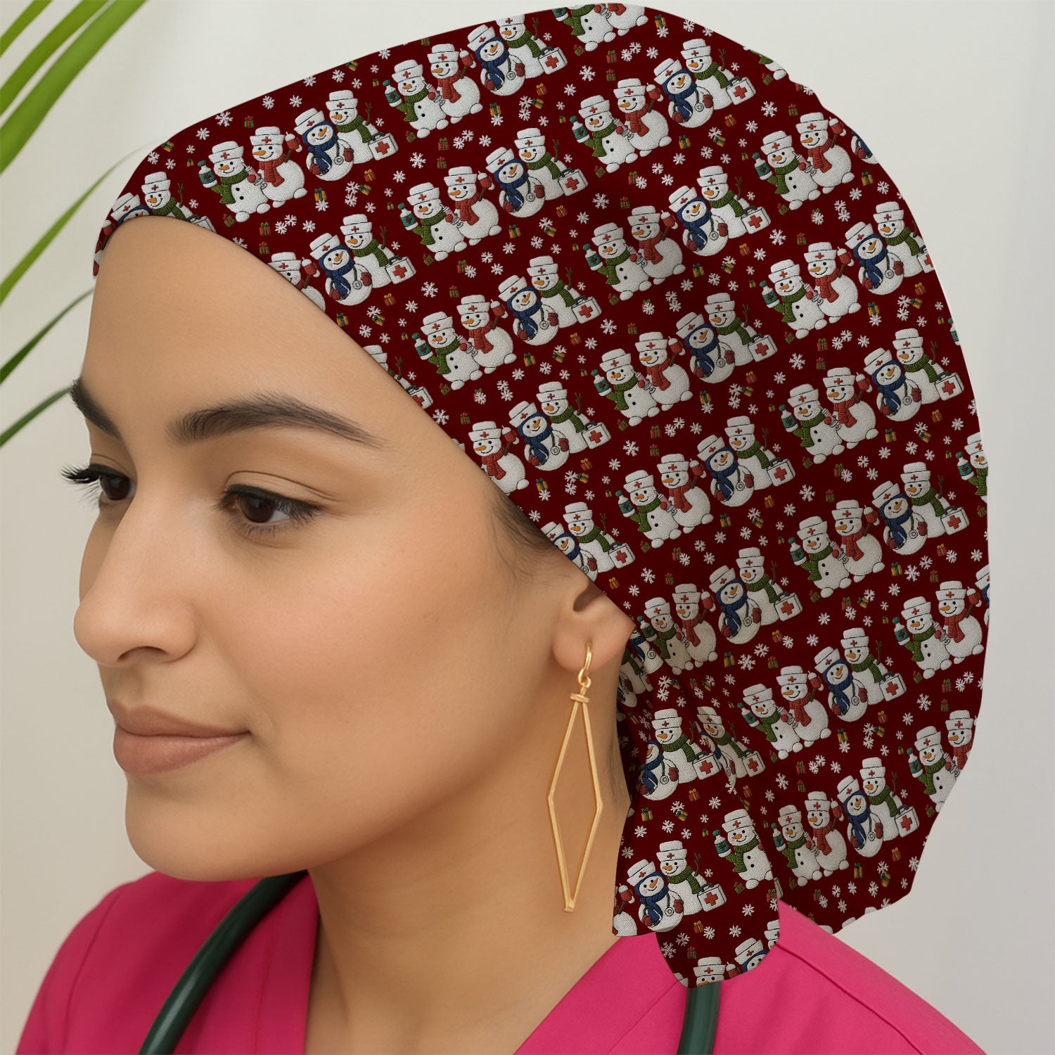 Cute Christmas Snowman Nurse Pattern Print Cap, Bouffant Scrub Caps for Women