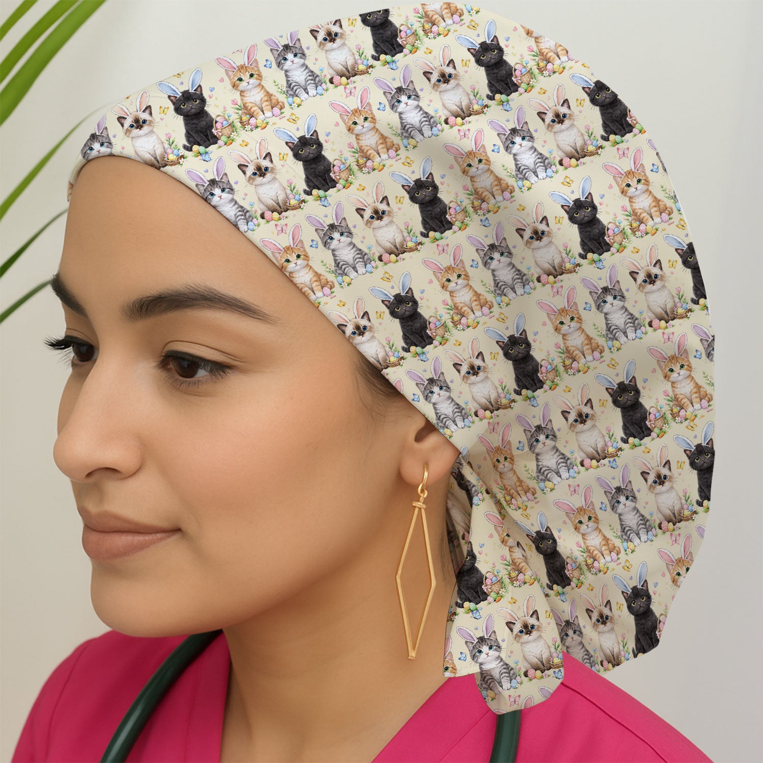 Easter Kitten Bunny Ears Pattern Cap, Bouffant Scrub Caps for Women