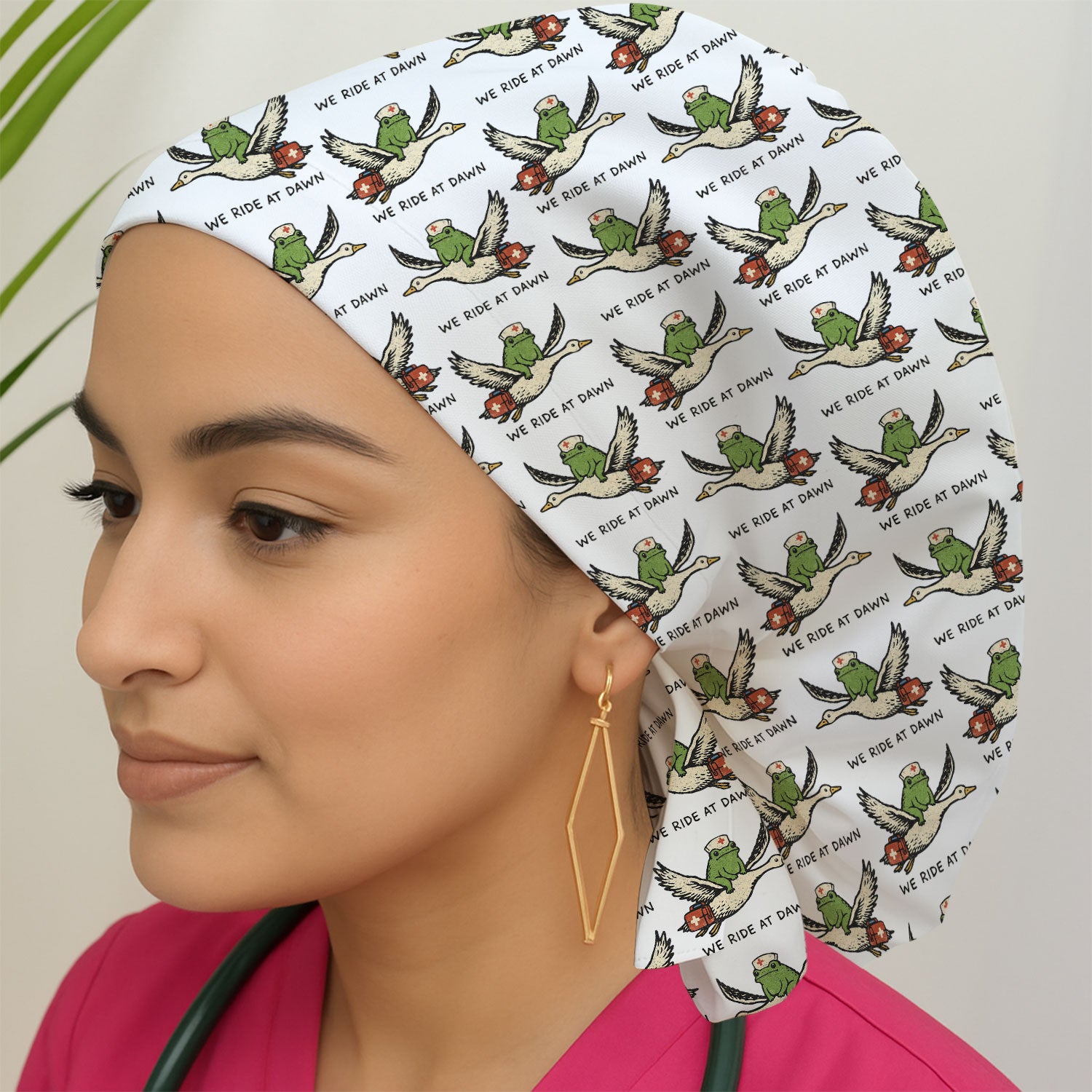 Funny Frog Riding Goose Nurse Pattern Cap, Bouffant Scrub Caps for Women