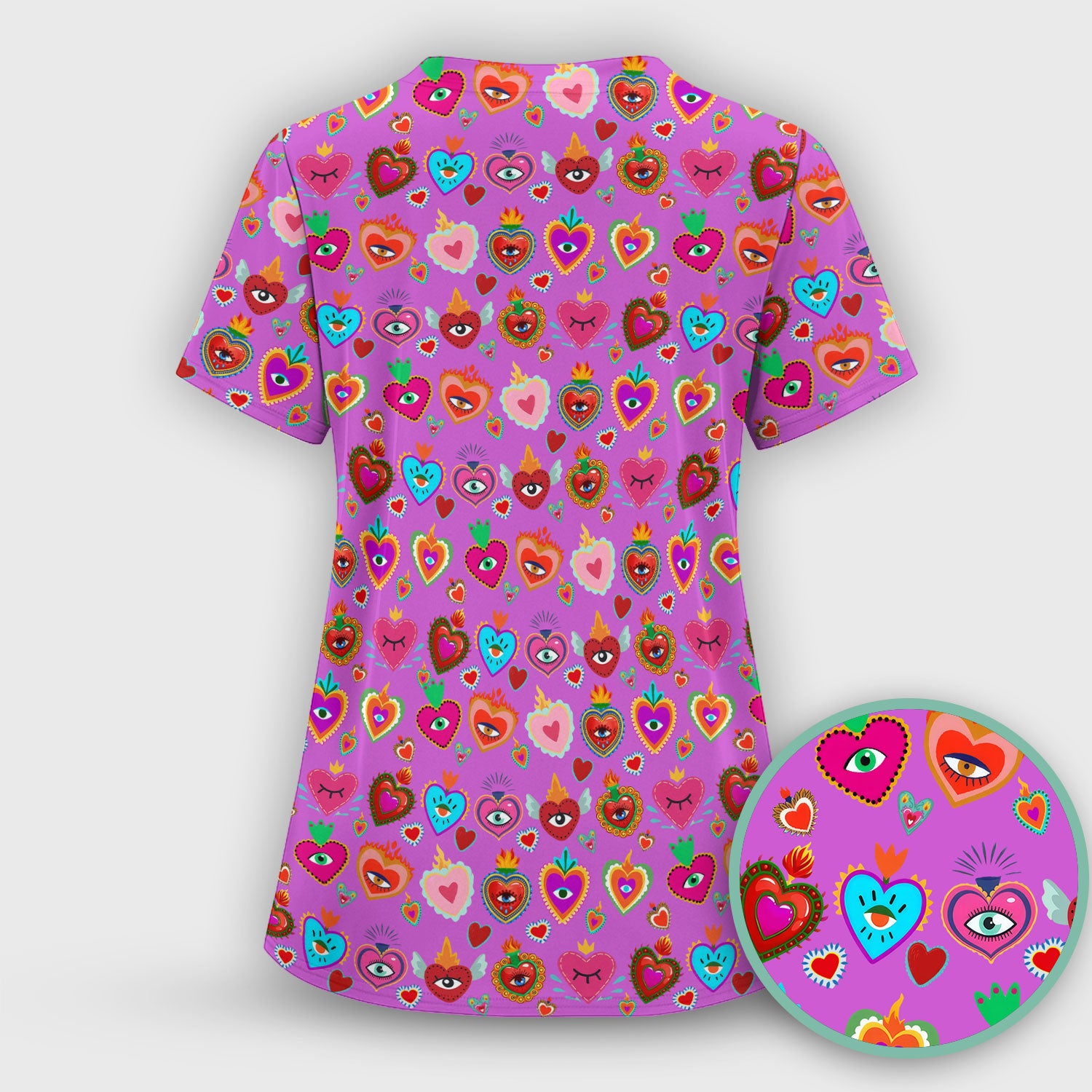 Valentine Colorful Sacred Heart Print Medical Scrub Top, Comfortable Scrubs for Nurses