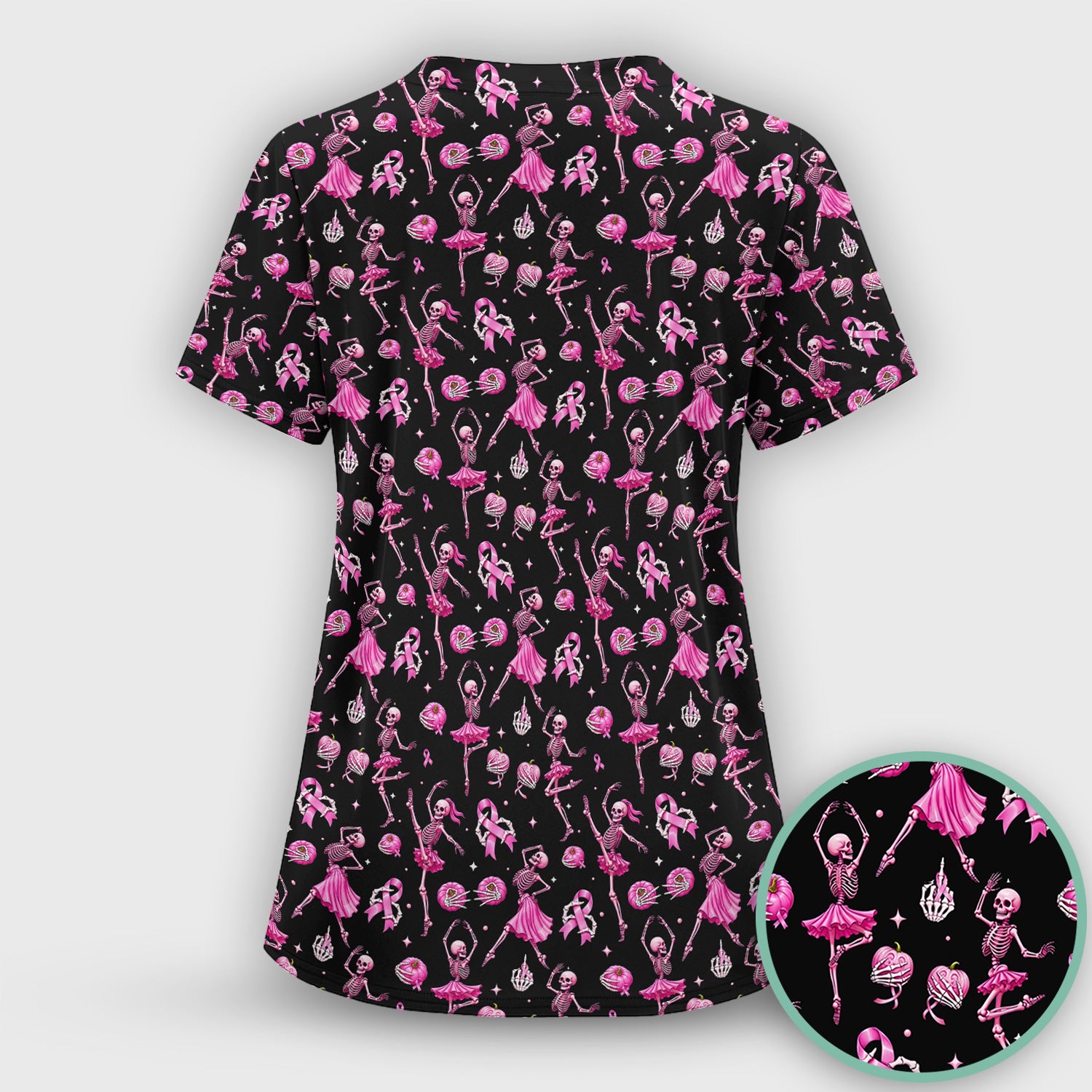 Pink Ribbon Skeleton Ballerina Print Scrub Top, Comfortable Scrubs for Nurses