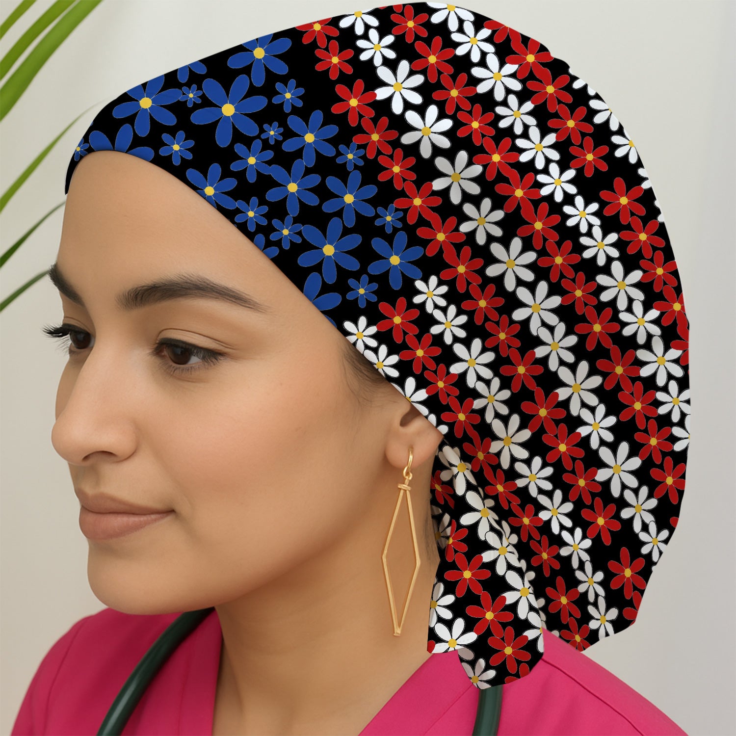 Retro Red Blue Daisy Stripe Pattern Scrub Cap, Surgical Caps for Doctors