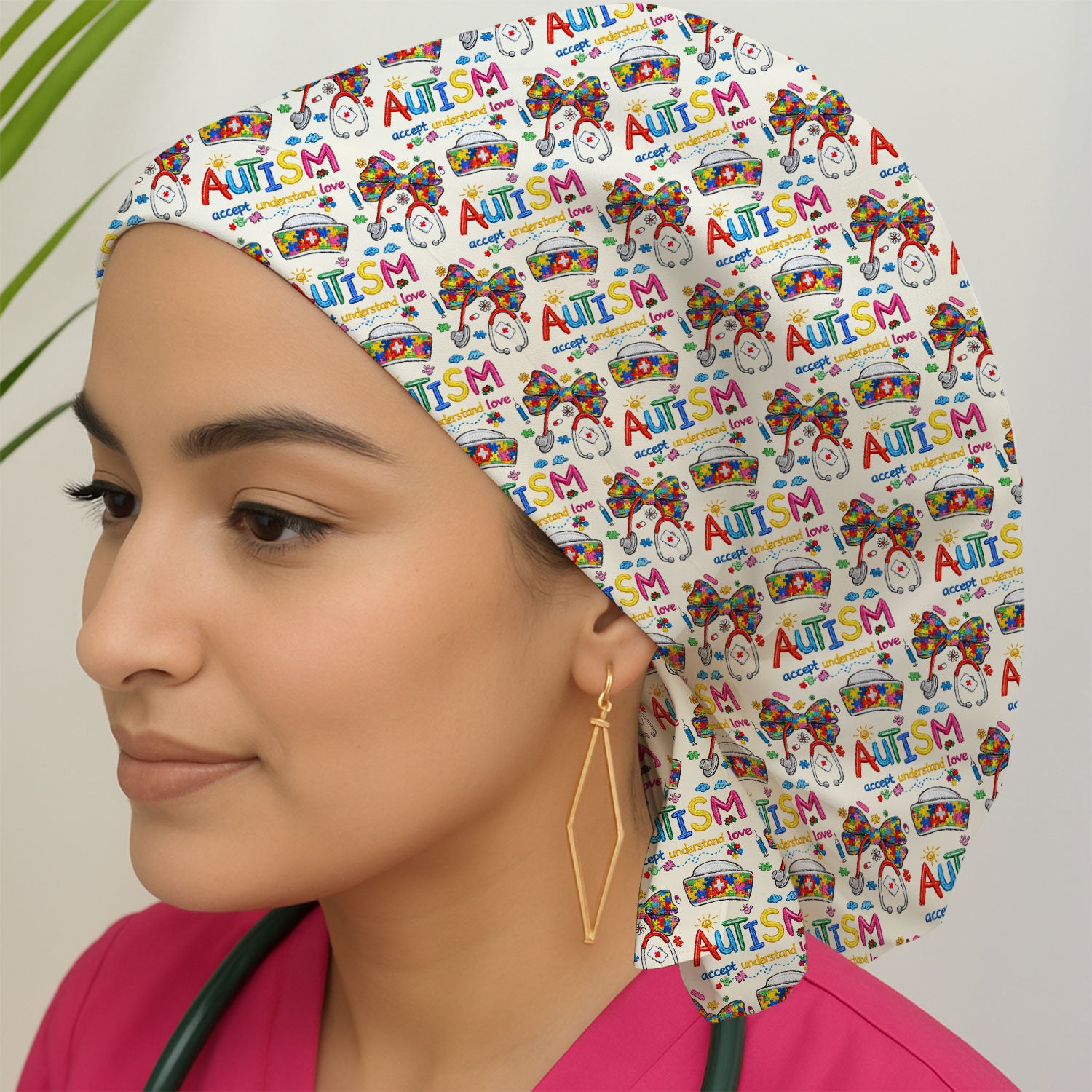 Autism Awareness Pattern Nurse Scrub Cap, Accept Understand Love Puzzle Nurses Hat, Breathable Fabrics Nursing Uniform