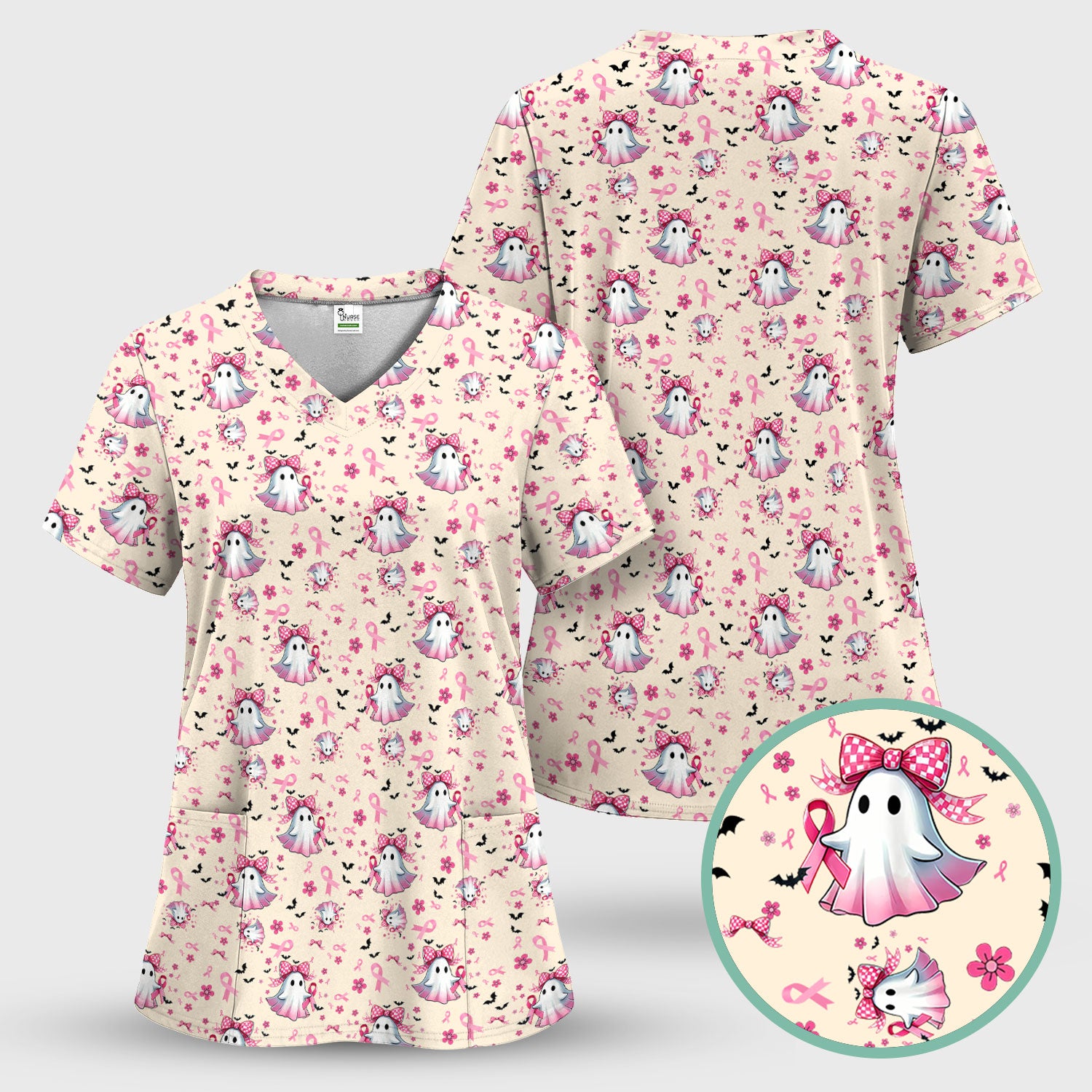 Breast Cancer Awareness Ghost Scrub Top for Women - Pink Ribbon Halloween Nurse Shirt - Cute Spooky Medical Uniform RN LPN CNA Gift