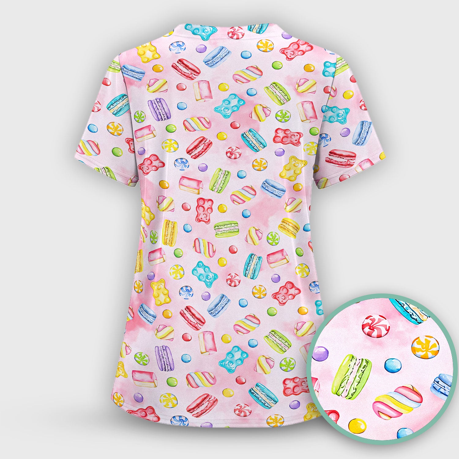 Cute Candy and Macaron Pattern Medical Scrub Top, Comfortable Scrubs for Nurses