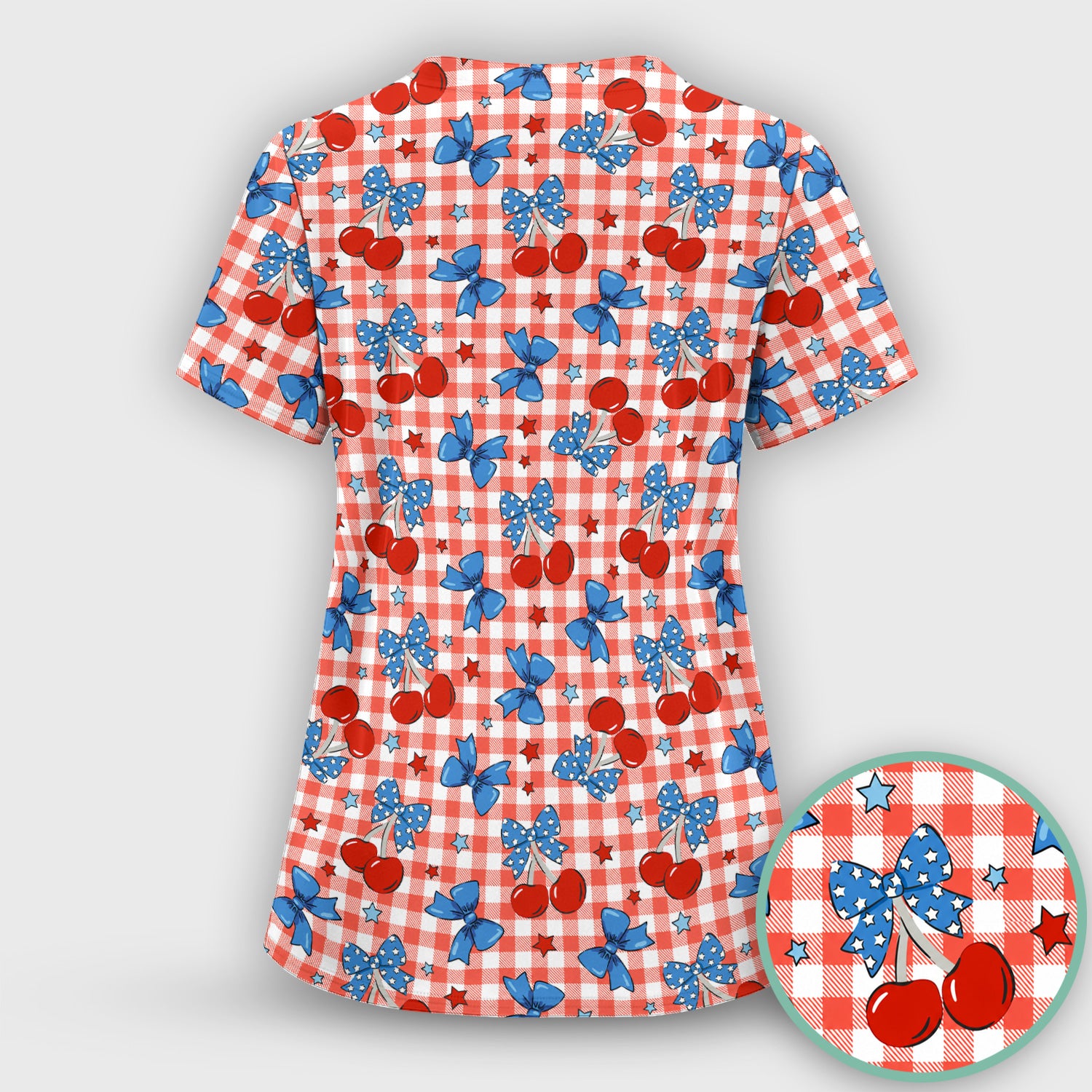 Cute Patriotic Cherry Bow Checkered Pattern Scrub Set, Scrub Pants and V Neck Top