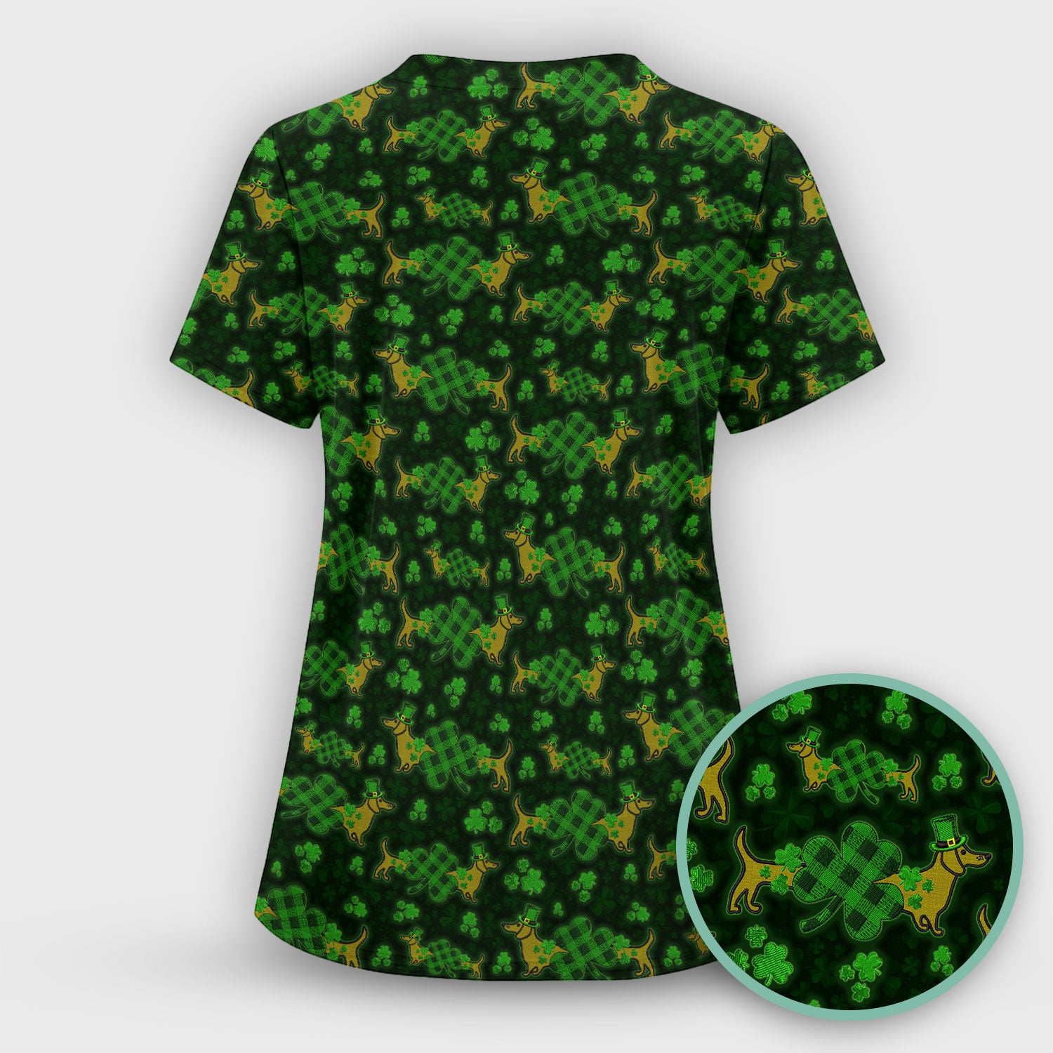 St. Patrick’s Day Dachshund Dog Pattern Scrub Top, Lucky Shamrock Puppy Nurse Scrub Shirt, Green Irish Nursing Uniform