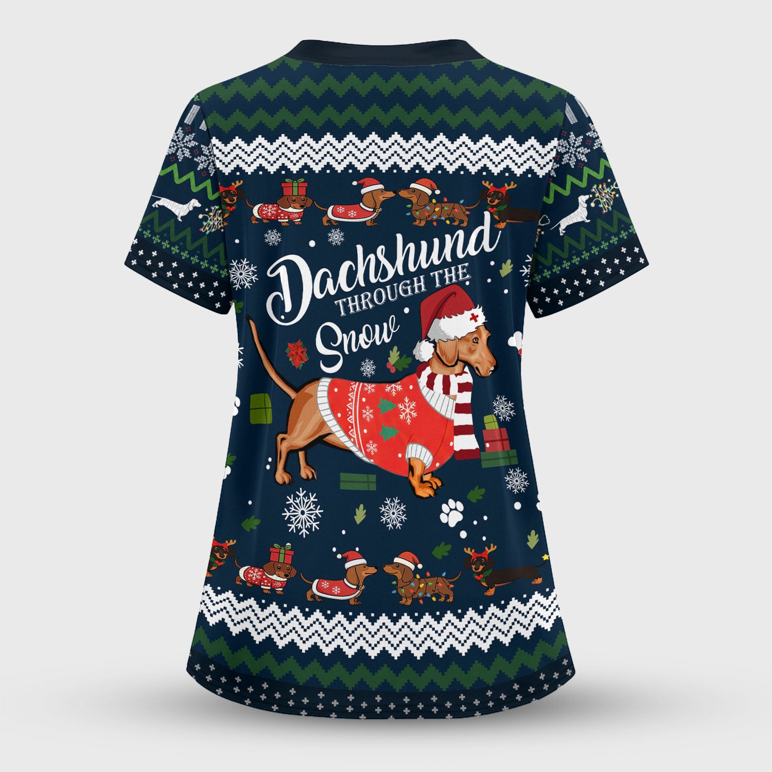 Dachshund Through the Snow - Funny Christmas Scrub Top - Wiener Dog Lover Gift - Holiday Medical Uniform