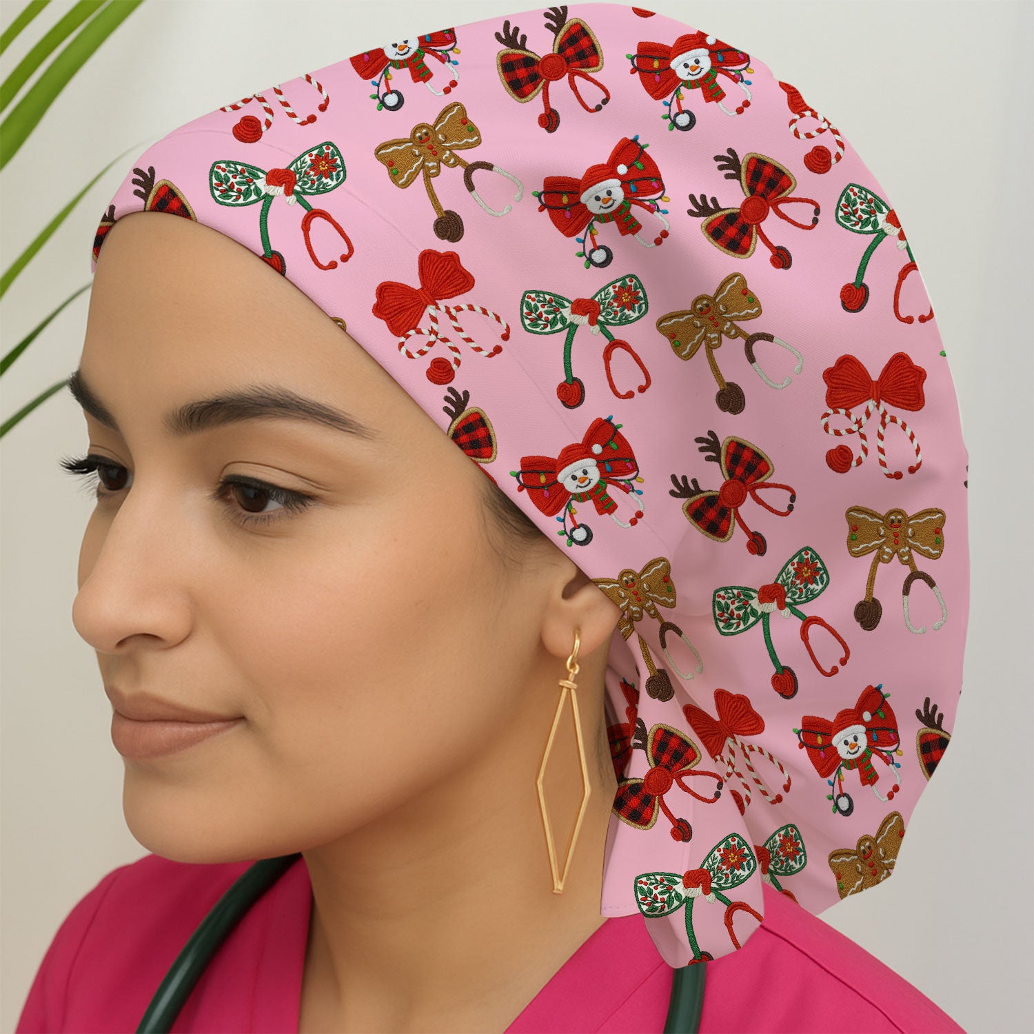 Christmas Stethoscope Bow Nurse Scrub Cap, Xmas Pattern Scrub Hat, Holiday Nursing Uniform