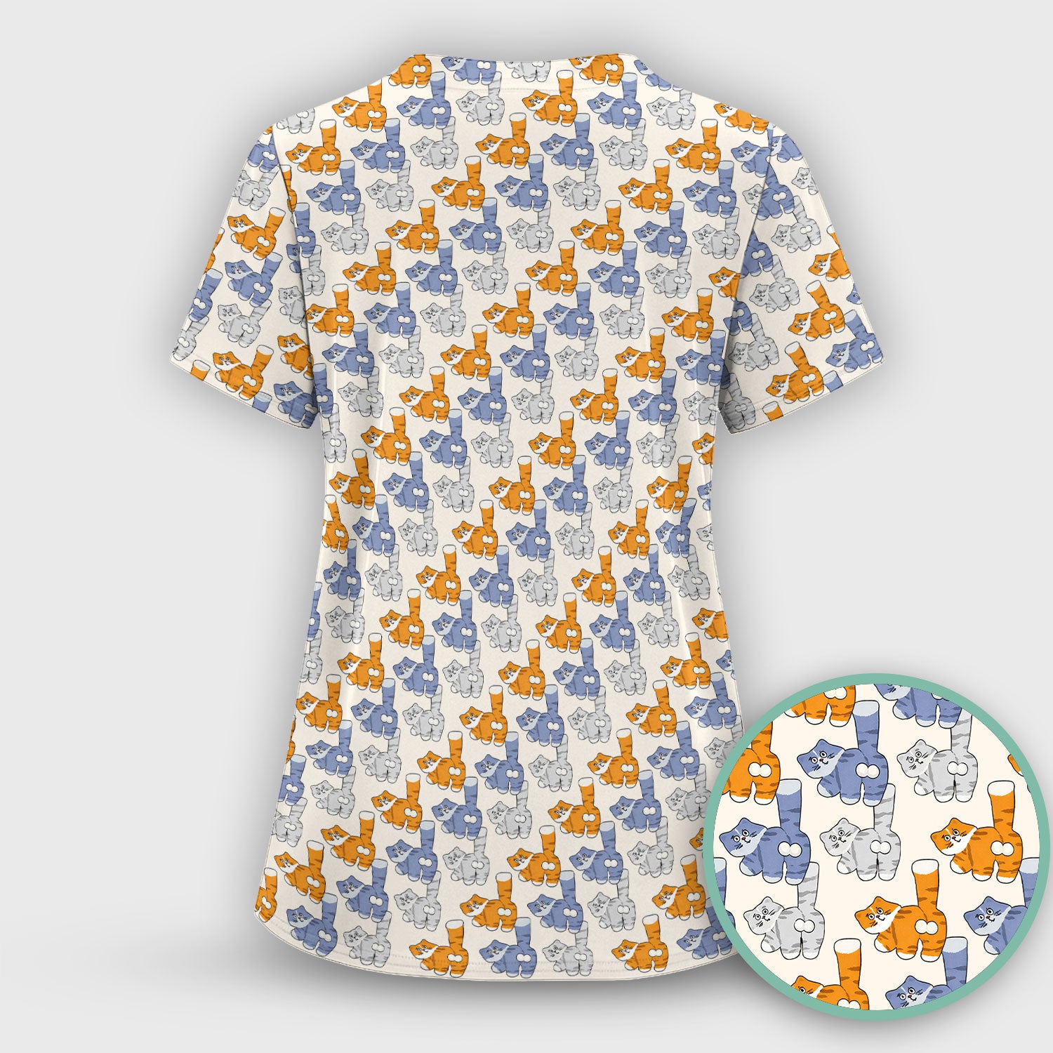 Cute Cartoon Cat Pattern Scrub Top for Nurses, Comfortable Scrubs for Nurses