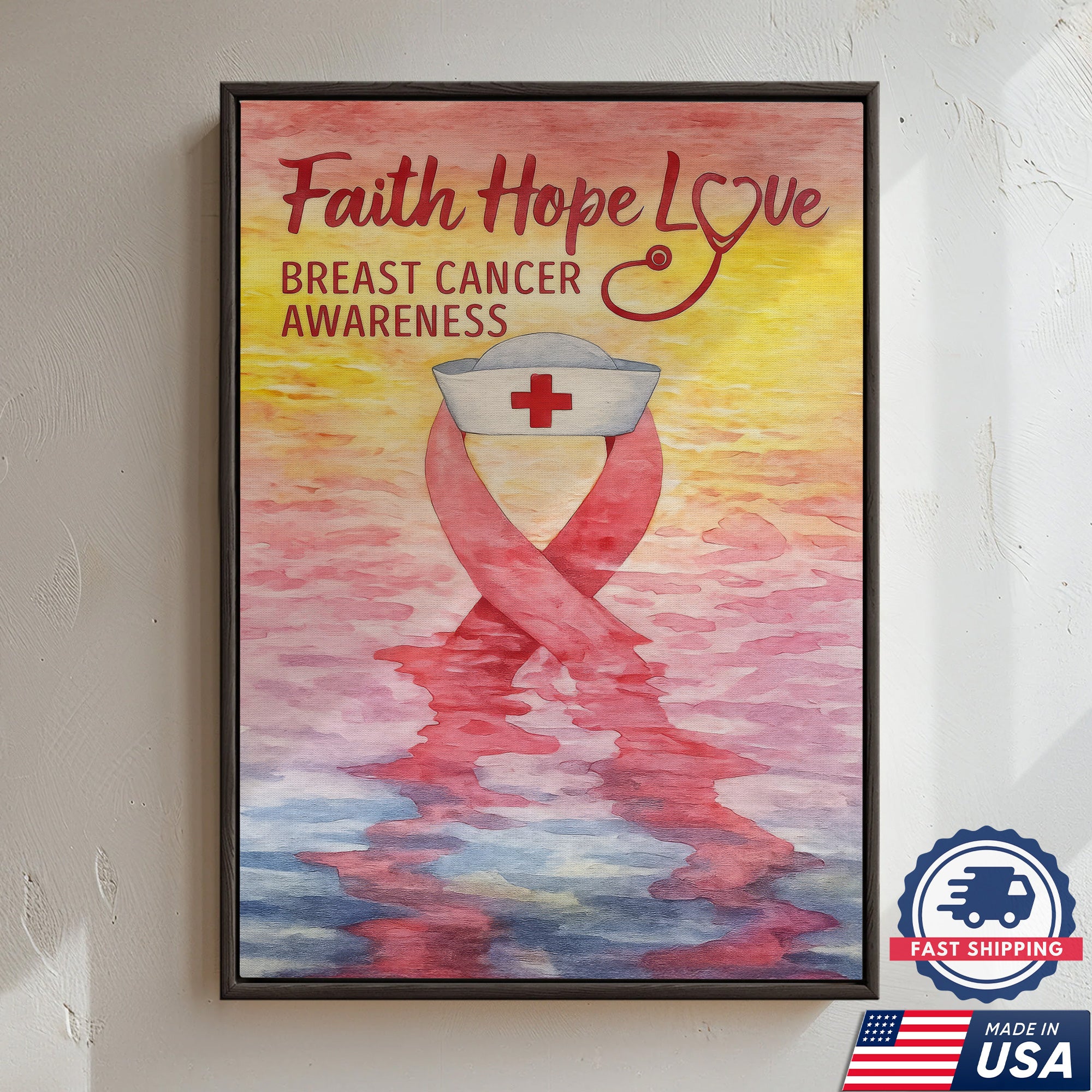 Faith Hope Love Breast Cancer Awareness Canvas, Inspirational Nurse Gift Home Decor, RN LPN CNA Gift