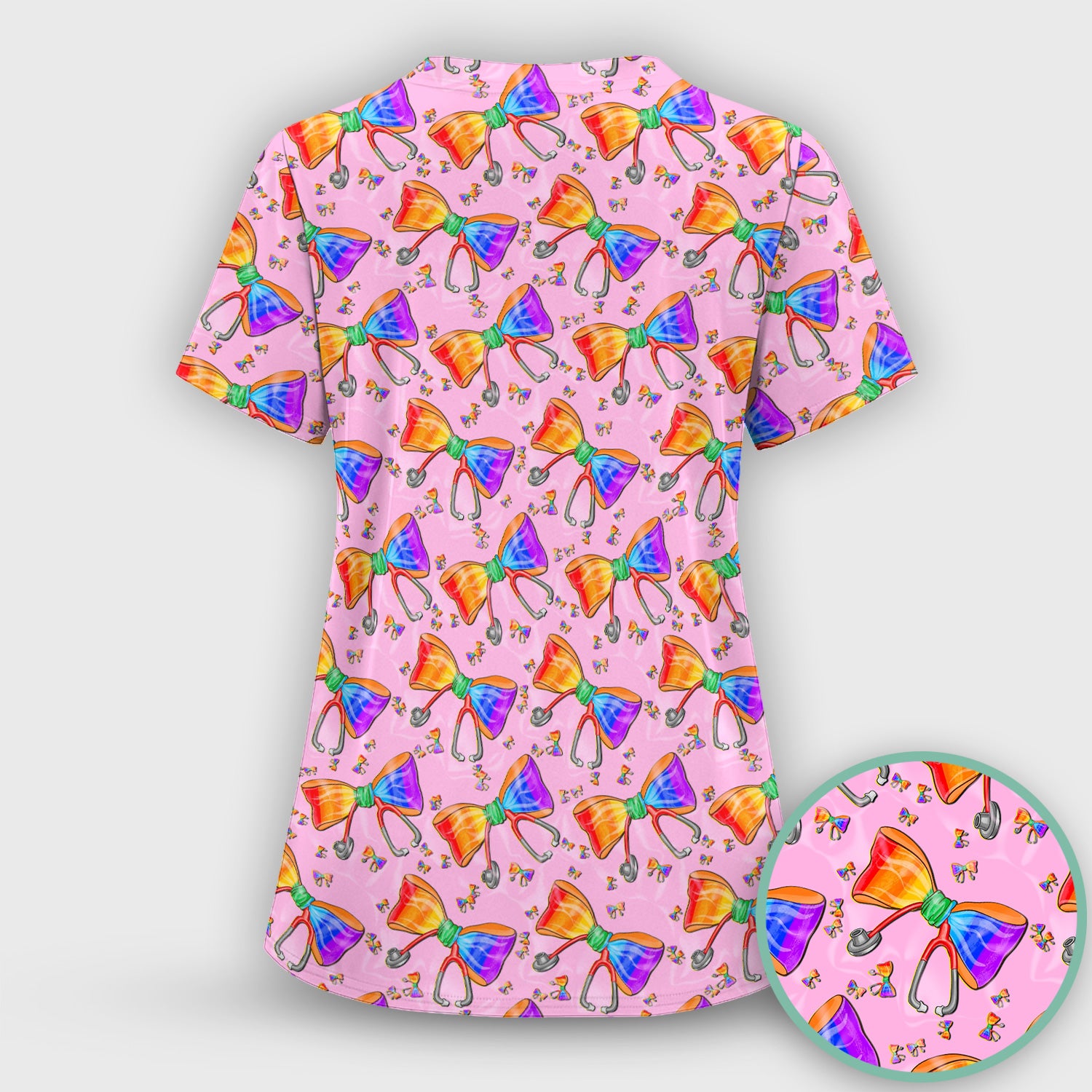 Colorful Rainbow Bow Stethoscope Pattern Scrub Top, Breathable Fabrics Nursing Uniform