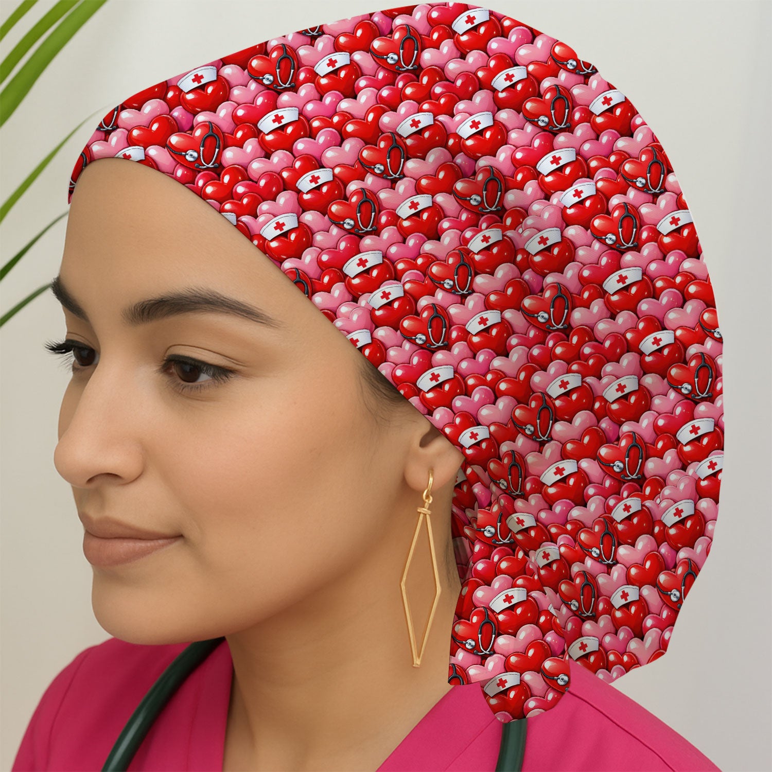 Valentine Pattern Nurse Scrub Cap, Heart With Stethoscope Love Medical Hat For Women, Breathable Fabrics Nursing Uniform