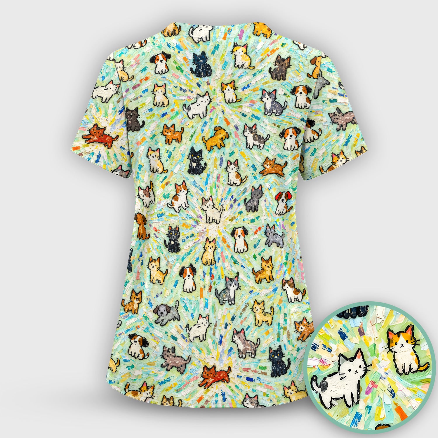 Colorful Cats Dogs Doodle Pattern Scrub Top, Comfortable Scrubs for Nurses