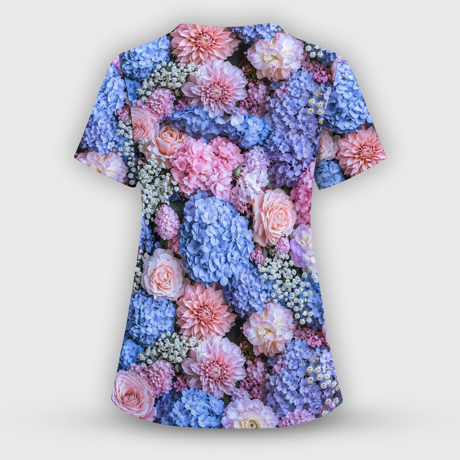 Cute Pastel Hydrangea Rose Blossom Pattern Scrub Top, Comfortable Scrubs for Nurses