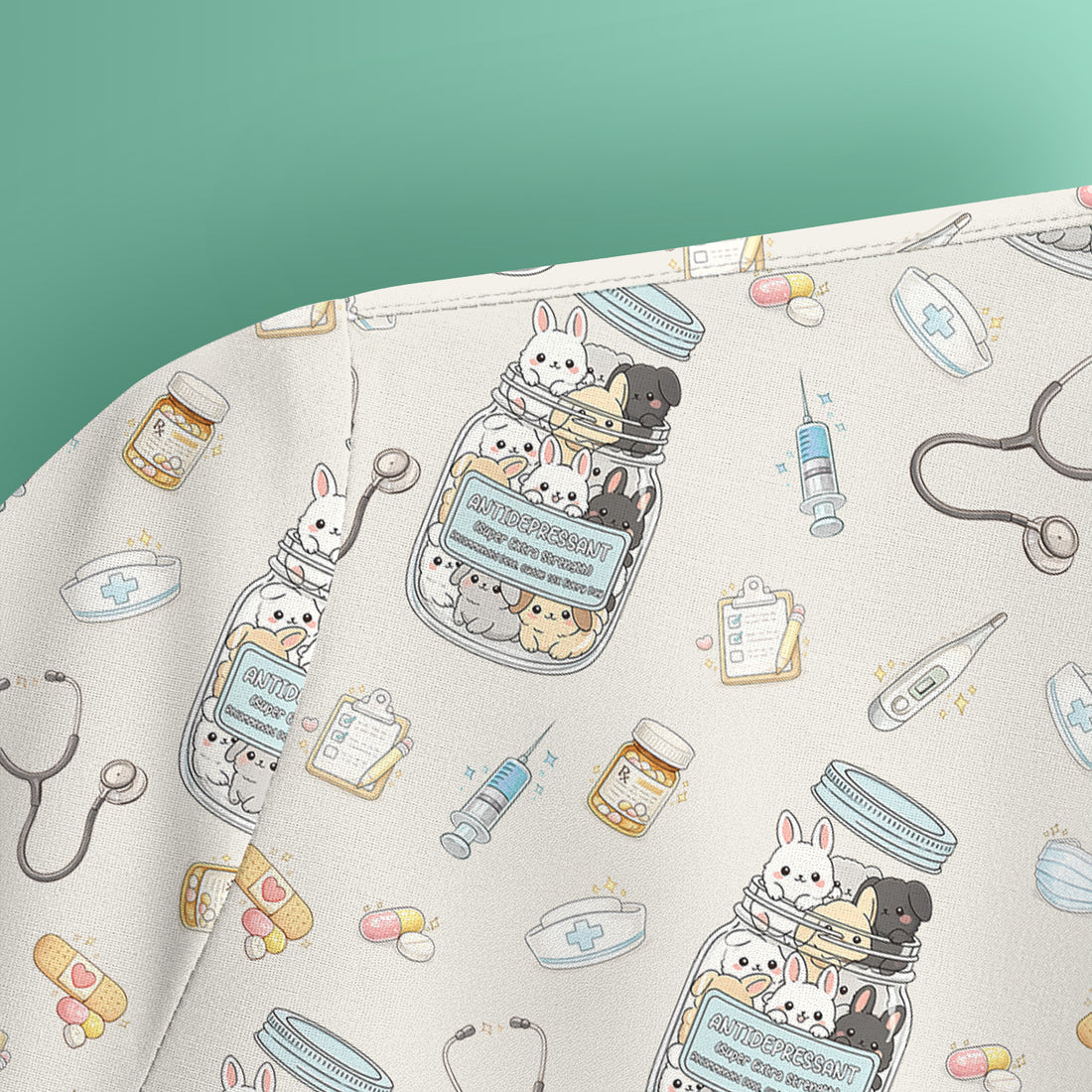 Whimsical Antidepressant Rabbit Jar Design Nurse Scrub Top, Soft & Breathable Workwear
