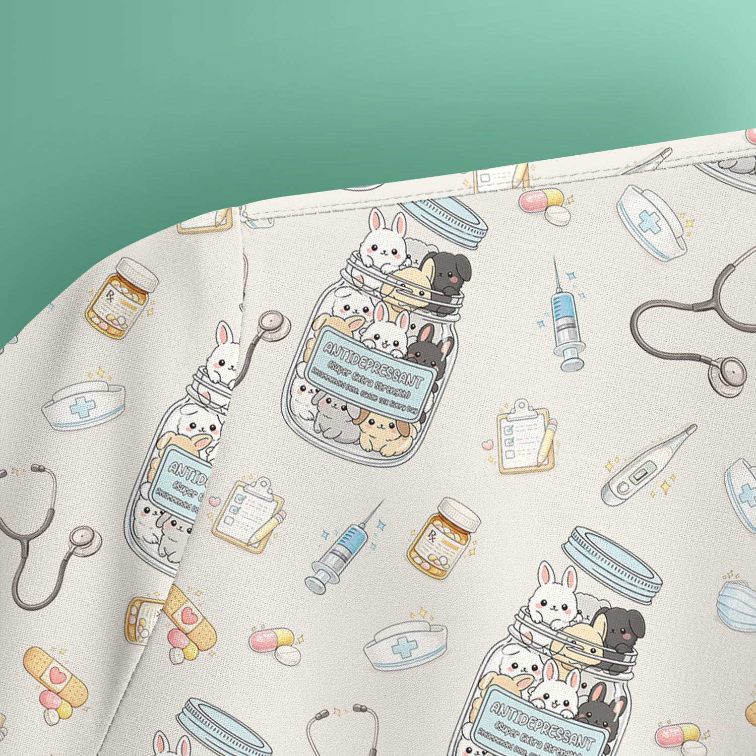 Whimsical Antidepressant Rabbit Jar Design Nurse Scrub Top, Soft & Breathable Workwear