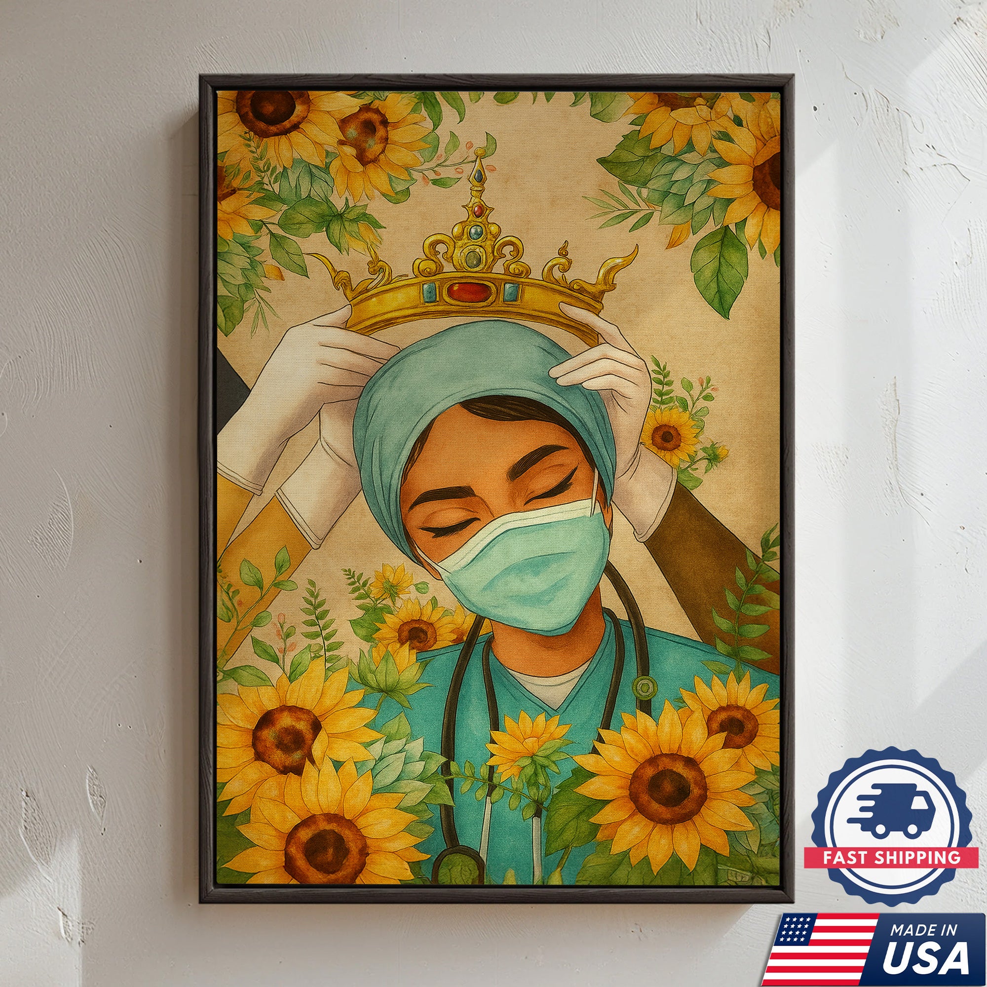 Nurse Crown Canvas Wall Art, Inspirational Healthcare Worker Gift, Sunflower Medical Office Home Decor