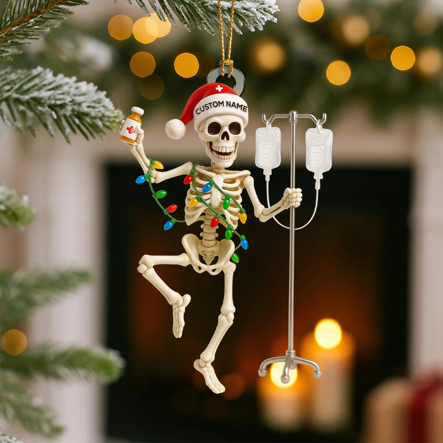Personalized Skeleton Nurse Christmas Ornament – Funny Medical IV Pole Holiday Decor – Custom Name Dancing Skeleton Tree Ornament for Nurses & Healthcare Workers