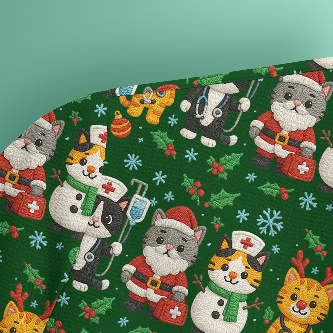 Christmas Cat Nurse Pattern Scrub Top, Cute Holiday Kitty Medical Uniform Shirt For Nursing