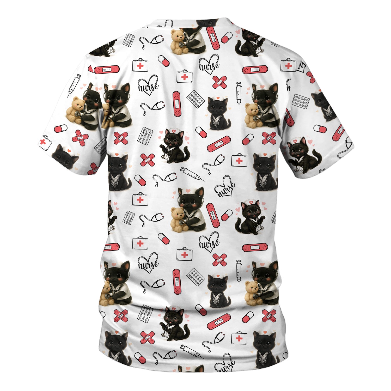 Cute Black Cat Nurse Scrub Top for RN CNA LPN - Funny Kitty Medical Pattern Uniform - Gift for Cat Loving Healthcare Women