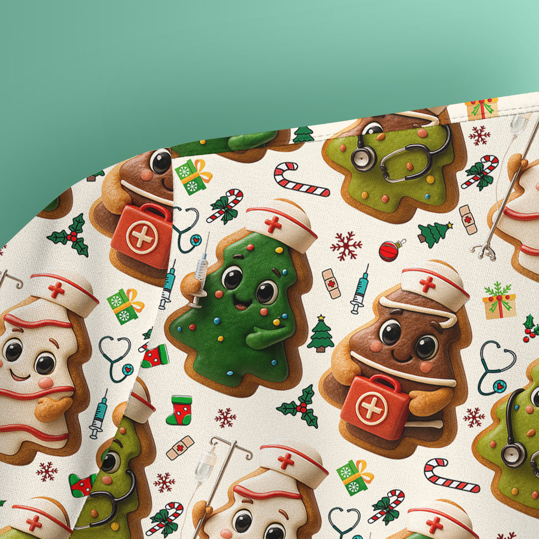 Christmas Cookie Scrub Top – Festive Nurse & Holiday Tree Pattern – Cute Medical Uniform for Nurses, Vets and Healthcare Workers