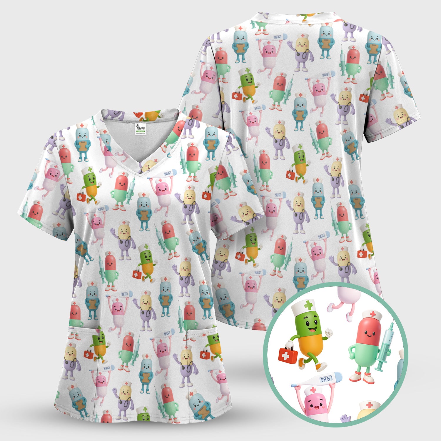 Funny Pharmacist Pill Scrub Top - Cute Cartoon Capsule Characters Design - Gift for RN LPN Healthcare Workers