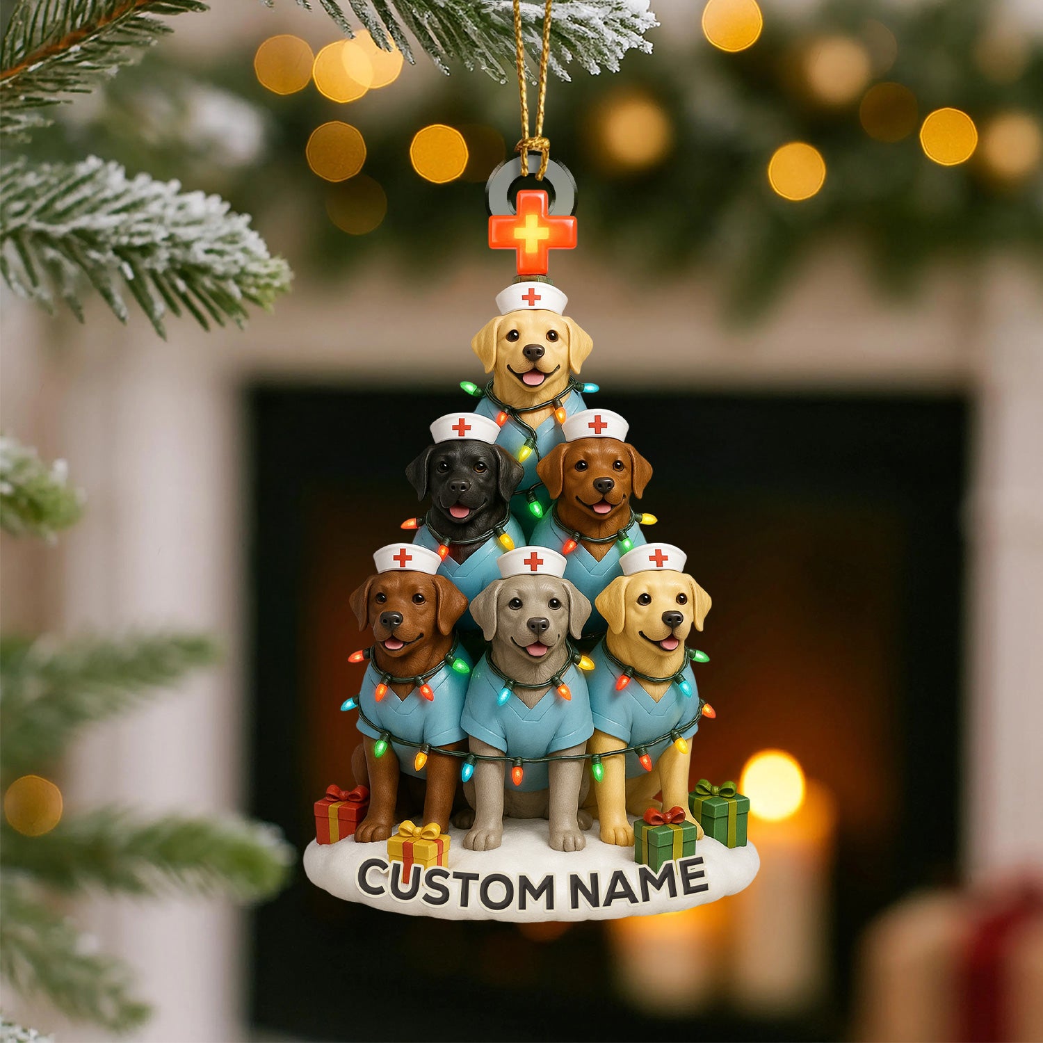Personalized Nurse Dogs Christmas Tree Ornament – Custom Name Labrador Puppy Stack Holiday Decor – Cute Medical Dog Ornament for Nurses, Vets & Pet Lovers