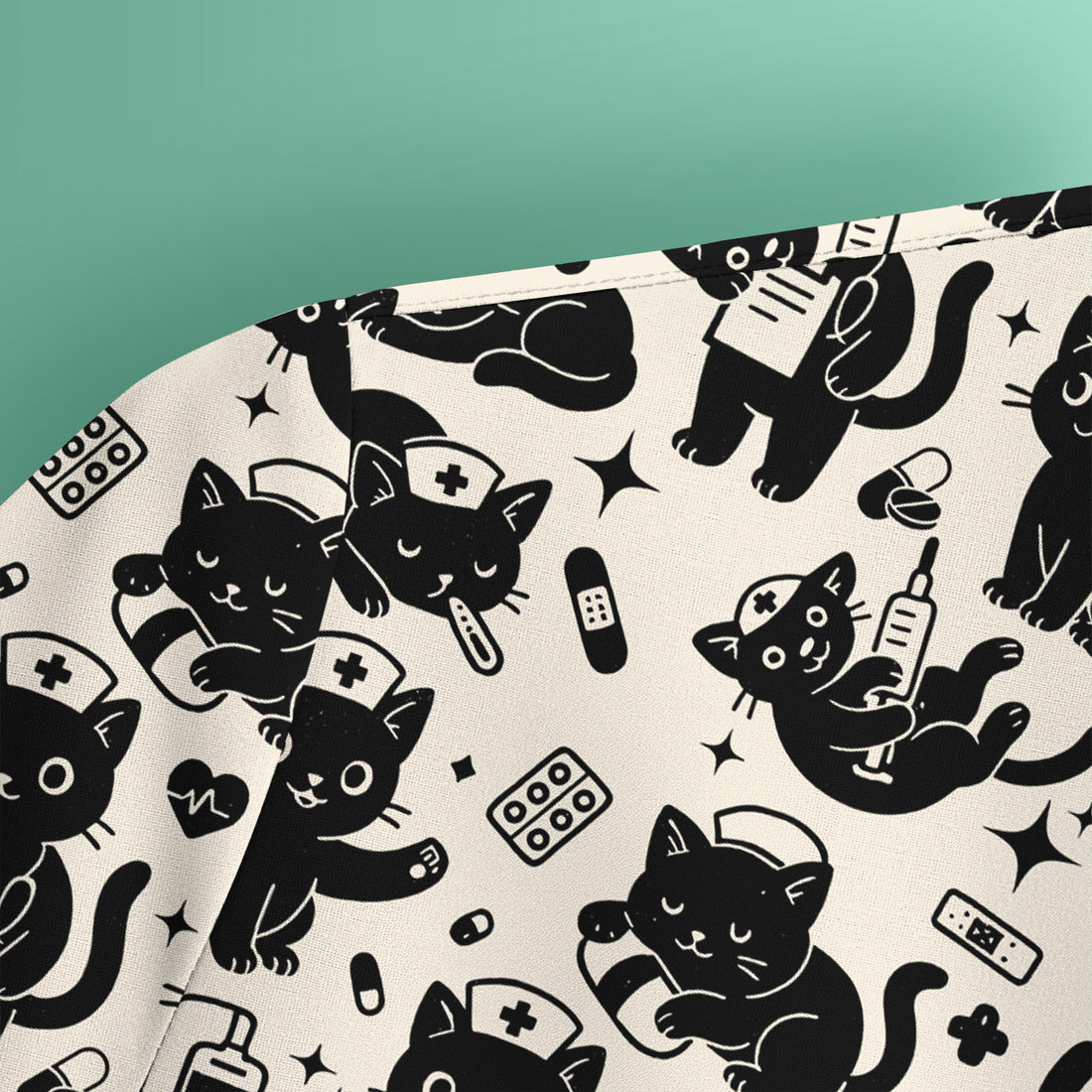 Cute Black Cat Nurse Pattern Scrub Top, Breathable Fabrics Nursing Uniform