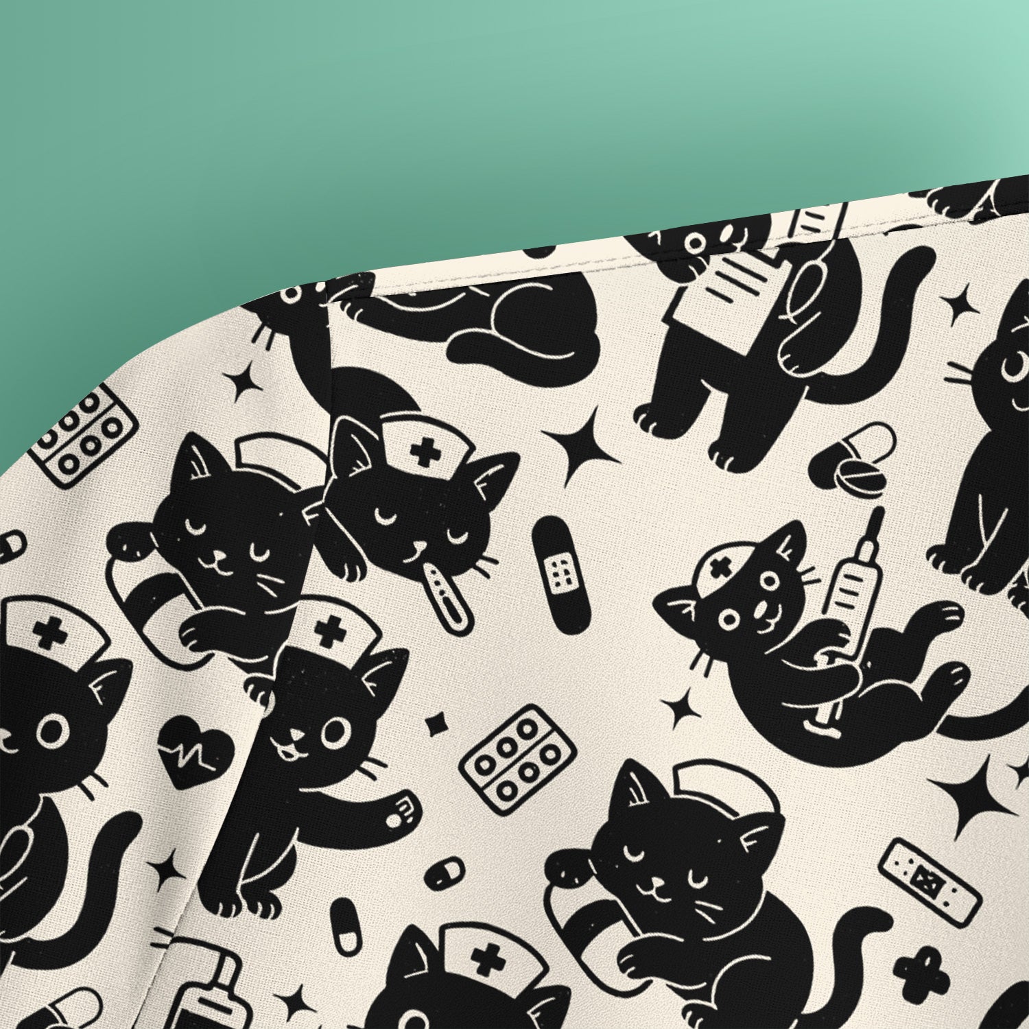 Cute Black Cat Nurse Pattern Scrub Top, Breathable Fabrics Nursing Uniform