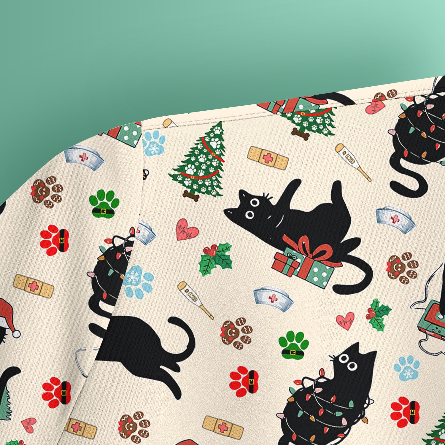 Black Cat Christmas Nurse Scrub Top, Festive Kitty Medical Uniform Shirt for Women
