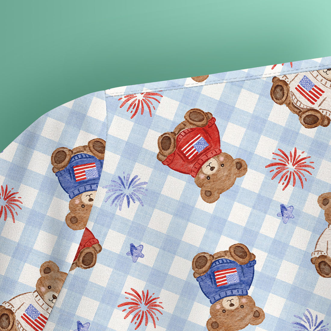 Cute Patriotic Teddy Bear Firework Gingham Pattern Scrub Top, Comfortable Scrubs for Nurses