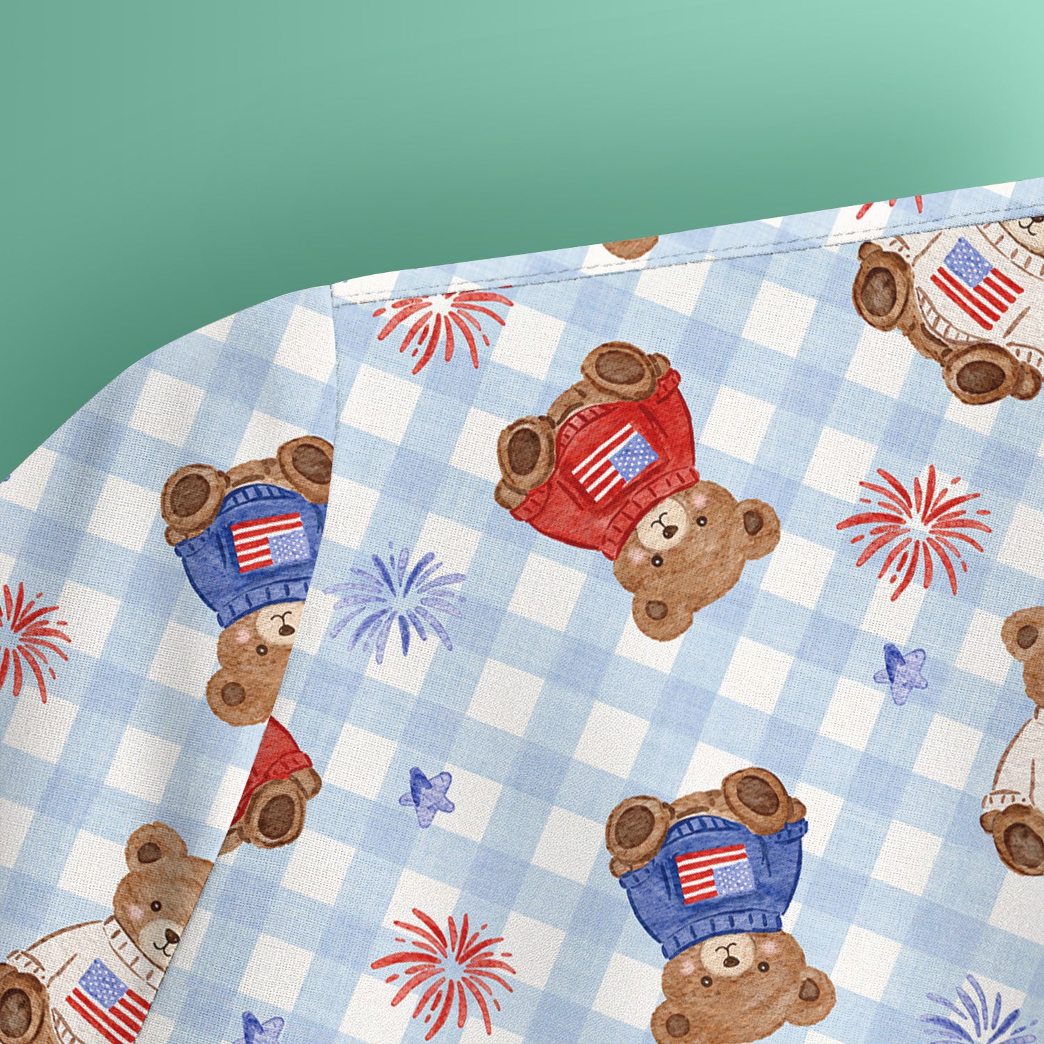 Cute Patriotic Teddy Bear Firework Gingham Pattern Scrub Top, Comfortable Scrubs for Nurses