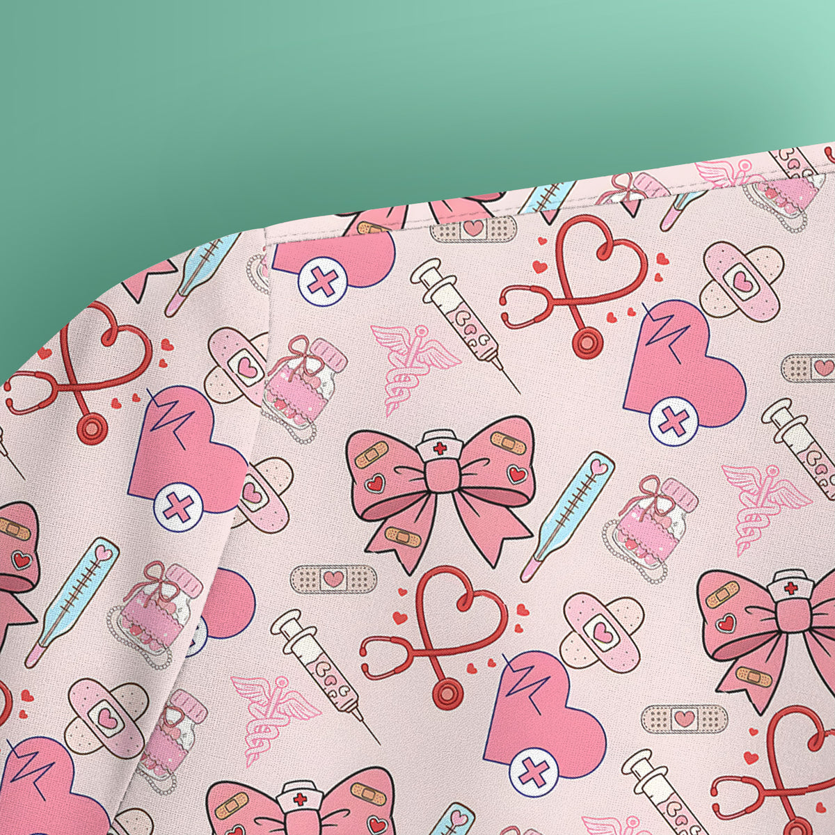 Pink Nurse Bow Heart Print Scrub Top, Comfortable Scrubs for Nurses
