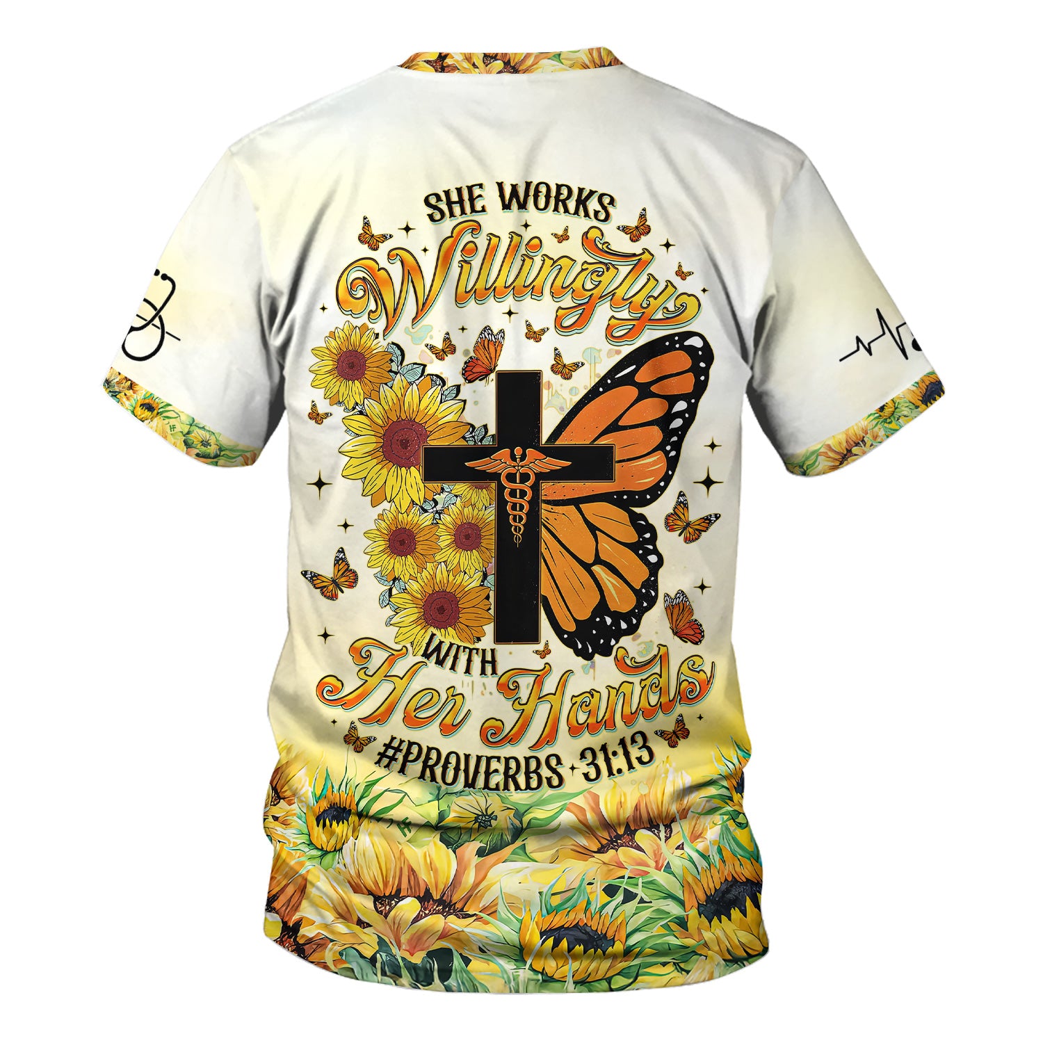Personalized Christian Nurse Scrub Top - Sunflower Butterfly Cross & Bible Verse - Gift for RN LPN CNA Healthcare Workers