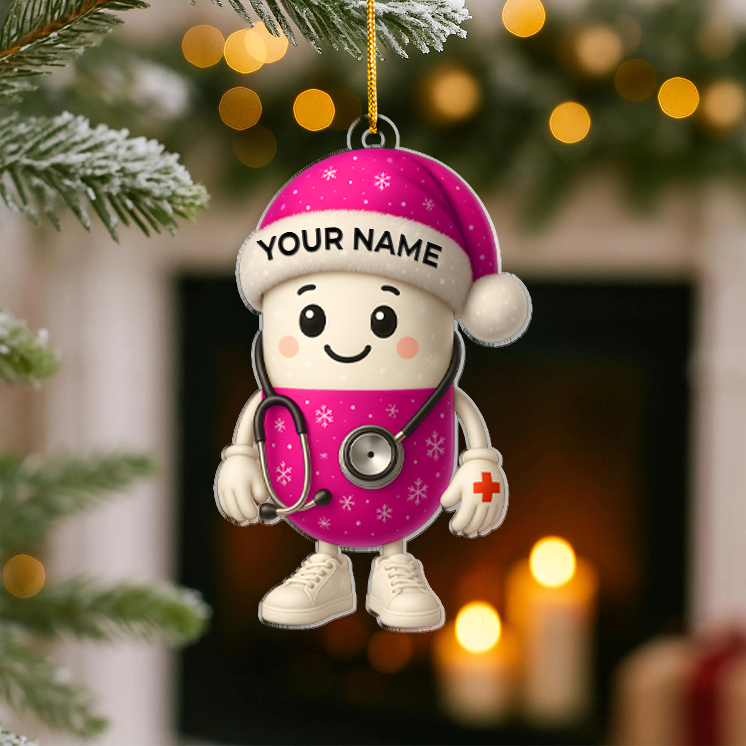 Personalized Nurse Ornament Christmas Tree, Cute Medical Pill RN CNA Gift, Custom Name Holiday Decoration