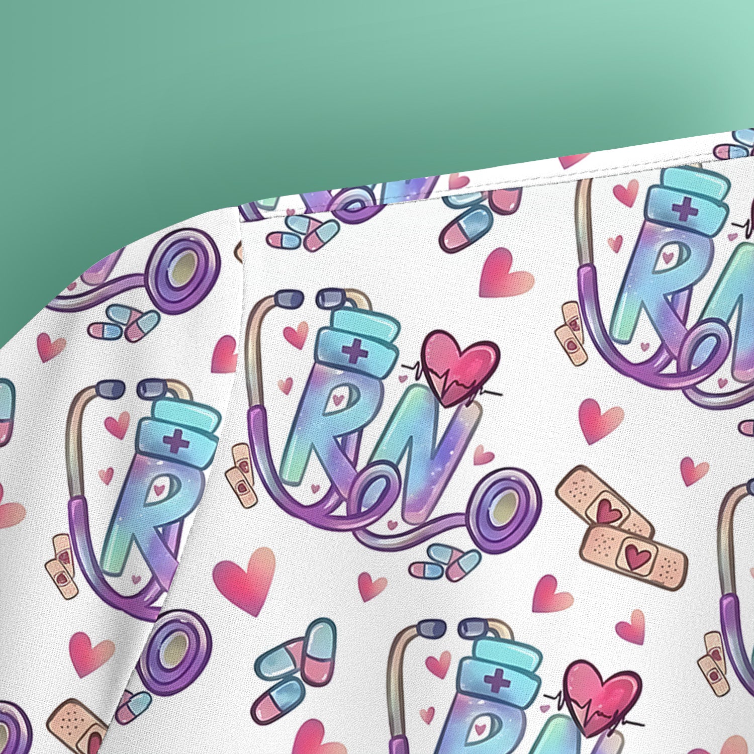 Nurse Life RN Heart Pattern Scrub Top, Breathable Fabrics Nursing Uniform