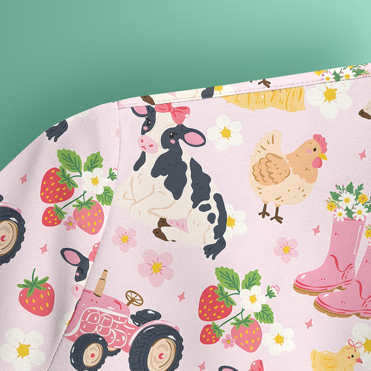 Cute Farm Animals & Strawberry Garden Pattern Scrub Top, Comfortable Scrubs for Nurses