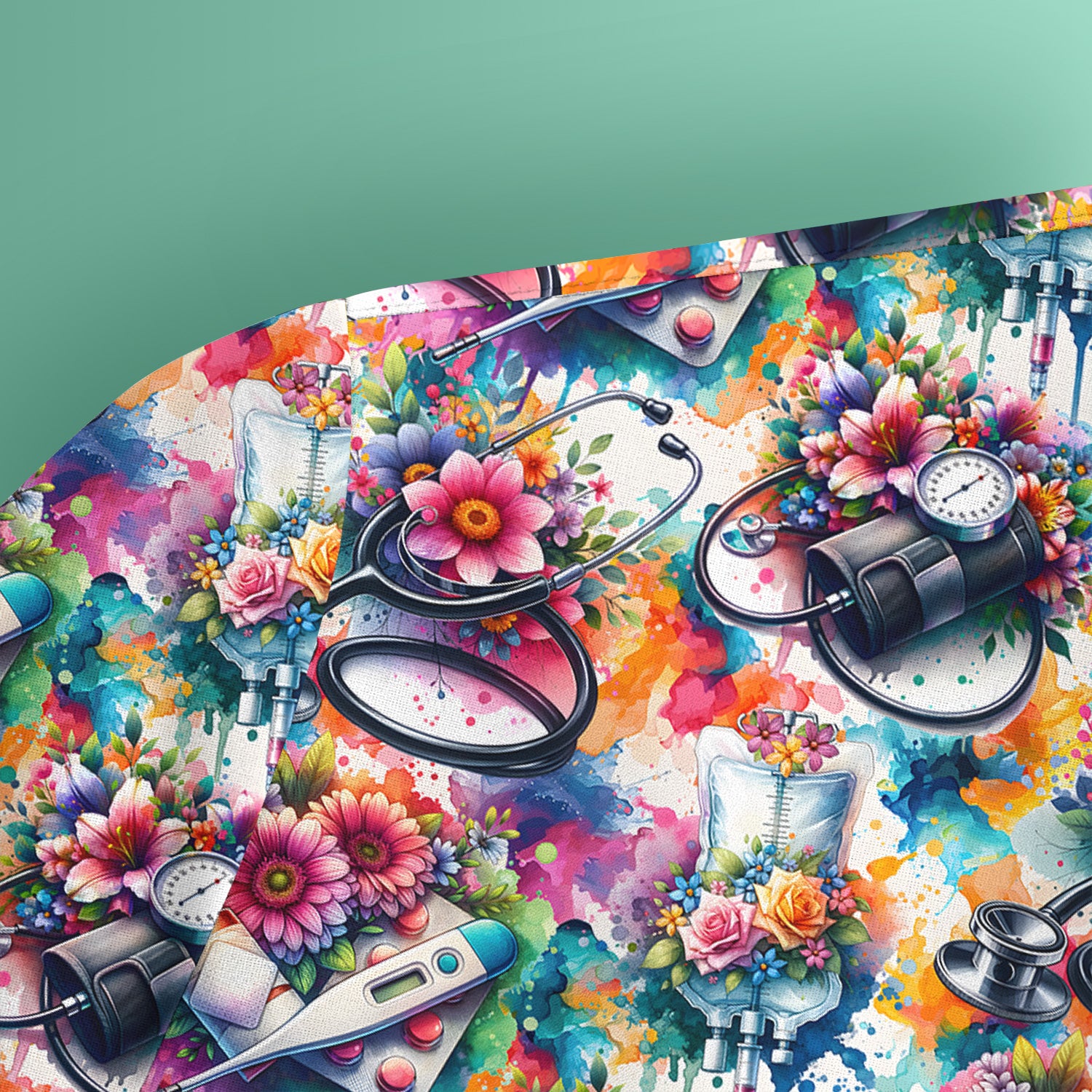 Colorful Medical Tools Floral Pattern Scrub Top, Comfortable Scrubs for Nurses