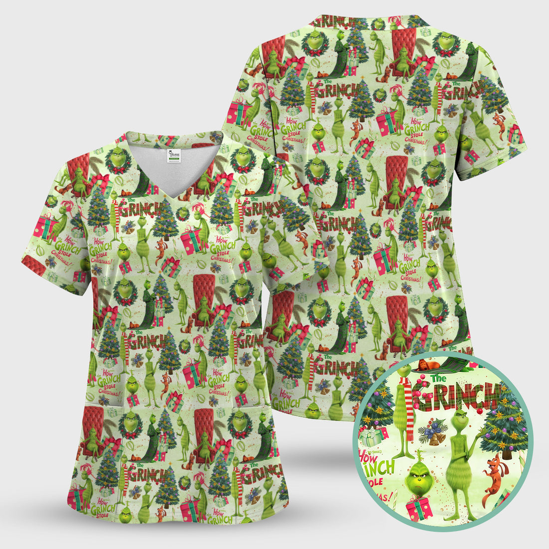 Funny Christmas Nurse Scrubs for Women - Merry Grinchmas Top - Cute Medical Uniform for RN CNA LPN LVN EN