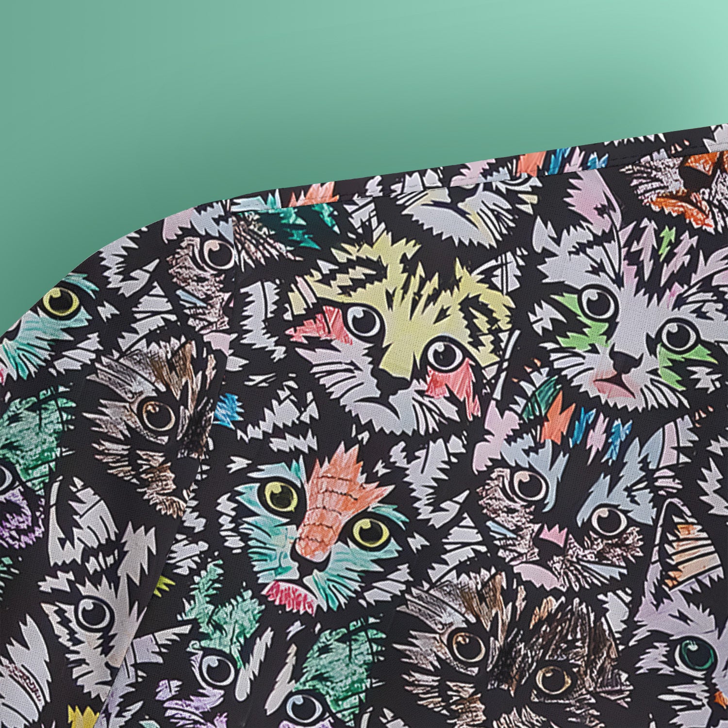 Colorful Cat Faces Pattern Scrub Top, Artistic Kitty Portrait Print, Breathable Fabrics Nursing Uniform
