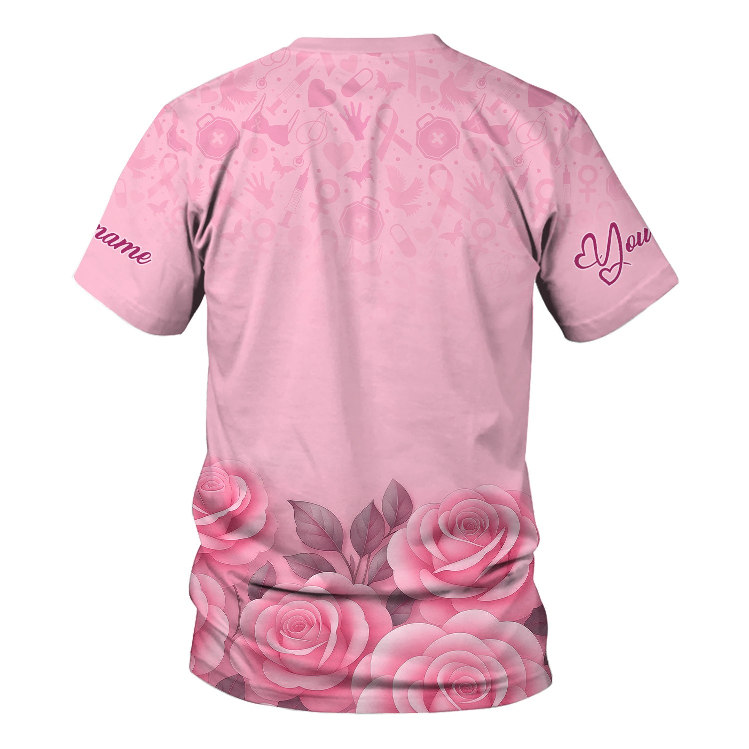 Custom Breast Cancer Awareness Floral Scrub - Pink Ribbon & Rose Pattern Graphic - Gift for RN LPN CNA